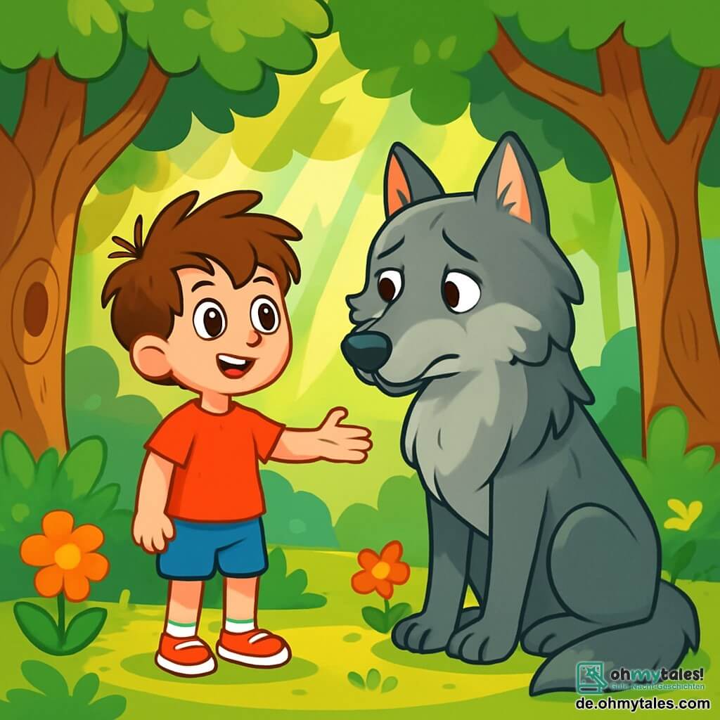 Ein 6-jähriger Junge namens Max mit zerzausten braunen Haaren und neugierigen Augen steht mutig vor einem großen grauen Wolf mit traurigen Augen. Max trägt ein rotes T-Shirt und eine blaue Shorts, und sein Gesicht zeigt eine fröhliche Entschlossenheit. Neben ihm sitzt der Wolf, der imposant, aber sanft wirkt, auf seinen Hinterbeinen und schaut Max mit einem Hoffnungsschimmer in den Augen an. Die Szenerie ist ein verzauberter Wald mit großen, knorrigen Bäumen, strahlend grünen Blättern und bunten Blumen, die um sie herum wachsen. Sonnenstrahlen dringen durch das Laub und schaffen eine warme, magische Atmosphäre. Die Szene zeigt Max, der seine Hand zum Wolf ausstreckt, bereit, ihm seine Freundschaft anzubieten, während der Wolf den Kopf neigt, berührt von diesem Angebot. Es ist ein Moment der Verbindung und des Verständnisses zwischen zwei Wesen in einer wunderschönen und mysteriösen Welt.