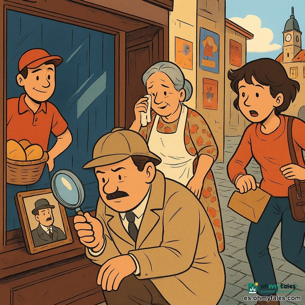 Un detective de mediana edad, rostro redondo y bigote fino, con abrigo beige, sombrero blando y una lupa brillante, agachado frente a una vitrina de madera oscura con fondo de terciopelo azul, examina una pequeña fotografía antigua colocada en el marco; detrás, la señora Lidia, mujer mayor con moño gris, vestido de flores y delantal, sostiene la puerta y recupera la foto emocionada secándose una lágrima; a la izquierda Leo, un joven repartidor con gorra y cesta de pan, observa con sonrisa apenada; a la derecha Nora, fotógrafa de unos 30 años con pelo corto y bolso con carretes, llega apresurada pidiendo perdón y ofreciendo la foto envuelta en papel marrón; alféizar con etiquetas amarillas, reflejos en el cristal, carteles coloridos de la plaza y adoquines mojados al fondo; escena de restitución de la imagen, colores cálidos y contrastes, rasgos y expresiones claros.