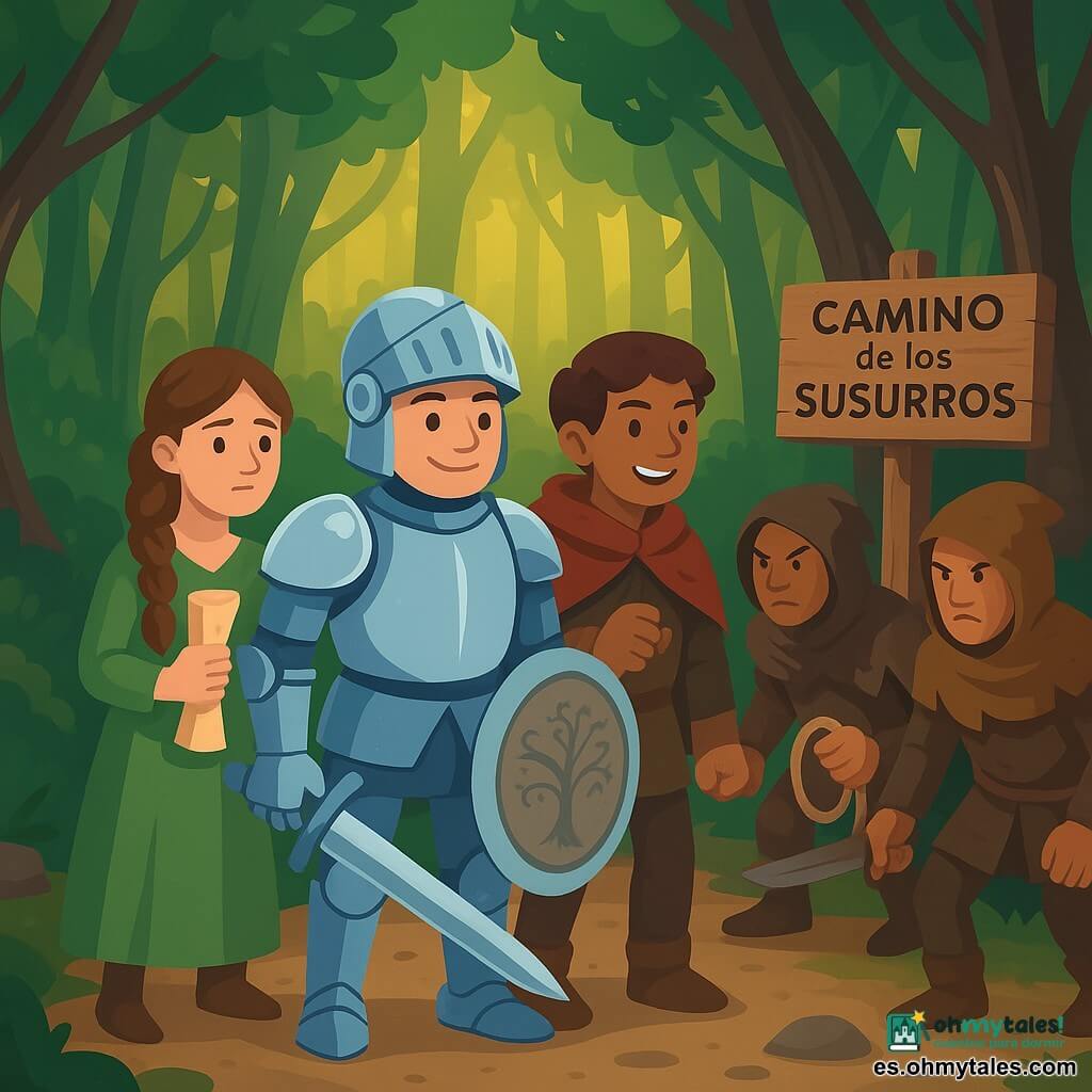 Don Elías, joven caballero, sonriente pero concentrado, armadura plateada con reflejos azules, amplio escudo redondo con árbol tallado y espada reposando delante, firme en el centro del camino; Clara, mensajera de unos 12 años, cabello castaño en trenza, vestido verde sencillo, detrás a la izquierda sujetando un pergamino contra el pecho; Hugo, mensajero de unos 14 años, rostro risueño, capa roja algo sucia, a la derecha y un poco adelantado, listo para ayudar y mirando a los bandidos; tres bandidos de aspecto gruñón, ropas marrones y capuchas rotas, uno blande una espada oxidada y otro sostiene una cuerda, al otro extremo del camino; lugar: Camino de los Susurros, sendero forestal estrecho con árboles altos de troncos grises nudosos y hojas verde oscuro que dejan pasar rayos de sol dorados, piedras y raíces visibles; situación: confrontación tensa sin violencia excesiva, luz cálida, expresiones claras, composición centrada en el caballero protegiendo a los mensajeros mientras los bandidos vacilan en segundo plano; colores vivos y contrastes, formas simples, contornos nítidos, ambiente tranquilizador pese al peligro.