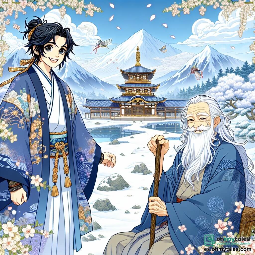 Haruto, un joven de unos 25 años, está en el centro de la imagen, con cabello negro y ojos llenos de curiosidad. Lleva un kimono tradicional azul con motivos florales, y su rostro expresa una determinación alegre mientras mira hacia el majestuoso Templo de las Nubes. A su lado, un anciano sabio de unos 70 años, con una larga barba blanca y ojos sabios, está sentado en una roca, sosteniendo un bastón y sonriendo con benevolencia, como si guiara a Haruto en su viaje. Al fondo, el Templo de las Nubes se eleva majestuosamente, rodeado de montañas nevadas y cerezos en flor, creando una atmósfera mágica y serena. La escena principal muestra a Haruto, listo para enfrentar el desafío del templo, con una suave brisa que hace danzar los pétalos de flores a su alrededor, simbolizando la aventura que le espera.