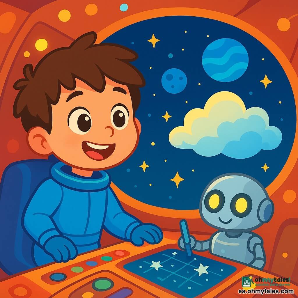 Un hombre pequeño con una gran sonrisa, llamado Tomás, flota dentro de su nave espacial. Tiene el cabello castaño desordenado y lleva un traje espacial azul brillante. Sus ojos brillan de emoción y curiosidad mientras mira a través de una gran ventana redonda. A su lado, una pequeña máquina llamada Luma, con ojos luminosos y un cuerpo de metal plateado, dibuja mapas de estrellas en una pantalla. La escena transcurre en el interior cálido de la nave, llena de luces coloridas y botones brillantes. Fuera, se ven estrellas brillantes y nubes esponjosas, creando un contraste mágico con el interior de la nave. Tomás y Luma observan una hermosa nube brillante que oculta dos planetas misteriosos, uno con lunas azules y el otro con un océano de lentejas. Toman un momento para reflexionar y decidir qué aventura elegir, rodeados por la suavidad del espacio.