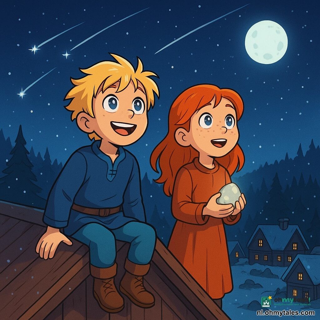 Een jonge jongen genaamd Bjorn, ongeveer 10 jaar oud, staat op een houten dak met zijn benen in de lucht. Hij heeft warrig blond haar, stralende ogen en een verwonderde glimlach. Hij kijkt naar de nachtelijke hemel, waar vallende sterren de duisternis verlichten, zijn gezicht straalt van opwinding en nieuwsgierigheid. Naast hem staat zijn beste vriendin Sigrid, een 9-jarig meisje met felrood haar en sproeten, ook op hetzelfde dak. Ze kijkt met grote ogen naar de lucht en houdt een glinsterende steen in haar handen. De achtergrond toont een klein Noord-Europees dorp met houten huizen en een bos eromheen. De maan straalt hoog aan de hemel en werpt zilveren licht op het besneeuwde landschap. Bjorn en Sigrid zijn verwonderd door de vallende sterren, wat hun zoektocht naar licht en avontuur symboliseert, terwijl een zachte bries de sneeuwvlokken om hen heen laat dansen.
