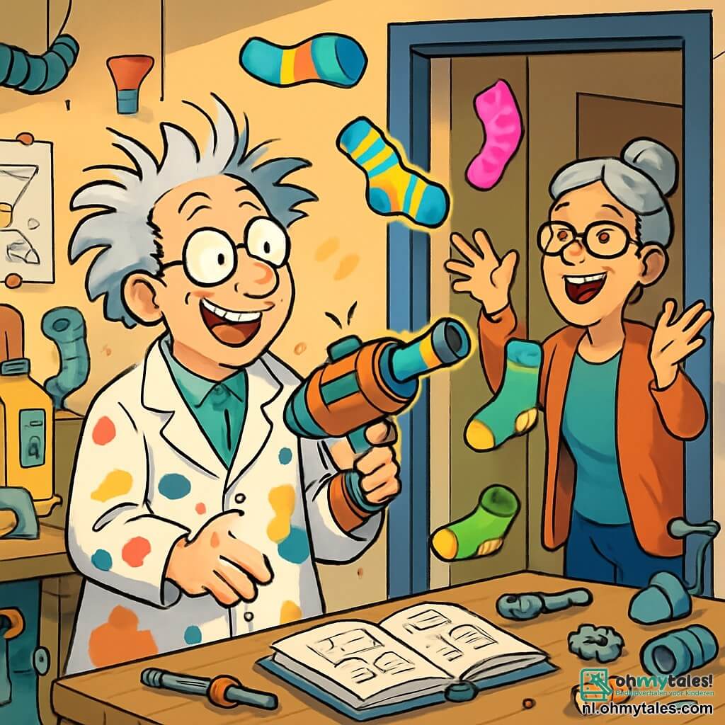 Een man, professor Ploef, staat in zijn rommelige atelier met een vrolijke uitdrukking en een ondeugende glimlach. Hij draagt een grote laboratoriumjas vol kleurrijke vlekken, licht scheve ronde brillen, en zijn messcherpe haren lijken door de wind gekamd. Hij houdt een sokkenpistool vast, klaar om het te gebruiken. Naast hem staat zijn buurvrouw, mevrouw Boon, een vrouw van rond de vijftig met grijs haar in een knot en rechthoekige brillen, die in lachen uitbarst terwijl ze probeert een sok te vangen die door de lucht vliegt. Ze staat op de drempel van het atelier, met opgetilde armen, klaar om de sokken op te vangen. Het atelier is een waar creatief rommelhok, vol vreemde machines, metalen onderdelen, open boeken over uitvindingen, en felle kleuren. Gereedschap ligt verspreid over een grote houten werkbank, en tekeningen van bizarre projecten hangen aan de muren. De hoofdscène toont professor Ploef die zijn uitvinding, het sokkenpistool, test, dat kleurrijke sokken in het rond schiet, terwijl mevrouw Boon in lachen uitbarst en probeert ze te vangen. De sfeer is vrolijk en vol verrassingen, met sokken die als confetti door de lucht zweven.