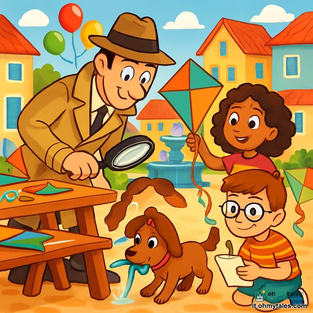 Un uomo alto, con occhi curiosi e un sorriso caloroso, indossa un lungo cappotto beige e un cappello da detective. Sta osservando attentamente un piccolo nastro blu che brilla sotto un tavolo, con un'espressione concentrata e determinata. Accanto a lui, una bambina di 8 anni, con capelli ricci e un vestito colorato, tiene un aquilone e guarda con fascino il nastro, gli occhi pieni di eccitazione. Un ragazzo di 10 anni, con occhiali e una maglietta a righe, è accovacciato vicino alla fontana, con un taccuino in mano, pronto a scrivere indizi. La scena si svolge in una pittoresca piazza del villaggio, circondata da case colorate, con tavoli in legno decorati con materiali per costruire aquiloni. Palloncini fluttuano nel cielo blu, e una fontana in pietra al centro della piazza aggiunge un tocco di freschezza. La situazione principale mostra il detective e i bambini in piena indagine per ritrovare un nastro blu scomparso, con espressioni di curiosità ed entusiasmo sui loro volti, mentre il cagnolino del panettiere si avvicina, tenendo il nastro tra i denti.