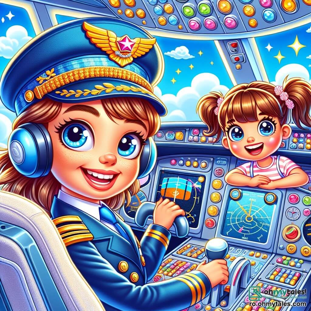 O femeie pilot zâmbitoare, cu părul brun prins într-un coc, poartă o uniformă albastră strălucitoare și o șapcă decorată cu o mare aripă aurie. Ea este așezată în cockpitul unui avion mare alb, cu ochii strălucind de entuziasm, ținând volanul cu încredere. Lângă ea, o fetiță de 8 ani, Daria, cu codițe și ochi rotunzi plini de uimire, se uită în jur cu un zâmbet mare, fascinată de butoanele colorate și luminile clipește. Cockpitul este plin de panouri de control strălucitoare, manete și cadrane, în timp ce afară, cerul este de un albastru strălucitor, presărat cu nori albi pufoși. Situația principală arată pilotul și fetița pregătindu-se să decoleze, gata să trăiască o aventură magică deasupra norilor.