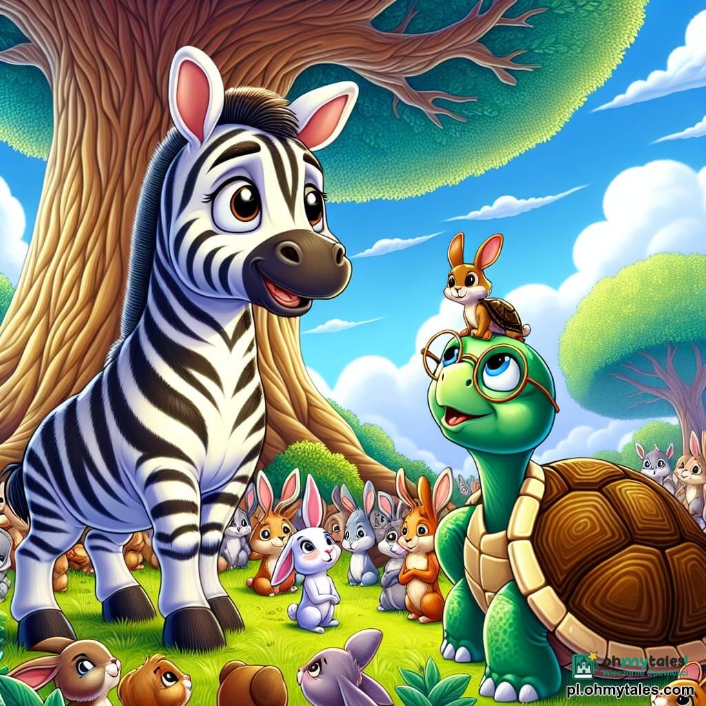 Mały zebra w czarno-białych paskach, z dużymi, ciekawskimi oczami i ciepłym uśmiechem, stoi w centrum sceny, z nadzieją patrząc na swoich przyjaciół. Obok niego mądra żółwica z zielono-brązowym pancerzem, w okrągłych okularach i z zamyśloną miną, uważnie obserwuje sytuację, gotowa udzielić rad. W tle grupa małych zwierząt, takich jak króliki i wiewiórki, gromadzi się wokół dużego dębu, ich twarze wyrażają niepokój, ale także nadzieję. Niebieskie niebo jest usiane białymi chmurami, a bujna zieleń lasu otacza grupę, tworząc spokojną atmosferę mimo napięć. Scena przedstawia kluczowy moment, w którym zwierzęta postanawiają się zebrać, aby omówić i znaleźć pokojowe rozwiązanie swoich konfliktów, ilustrując znaczenie komunikacji i przyjaźni.