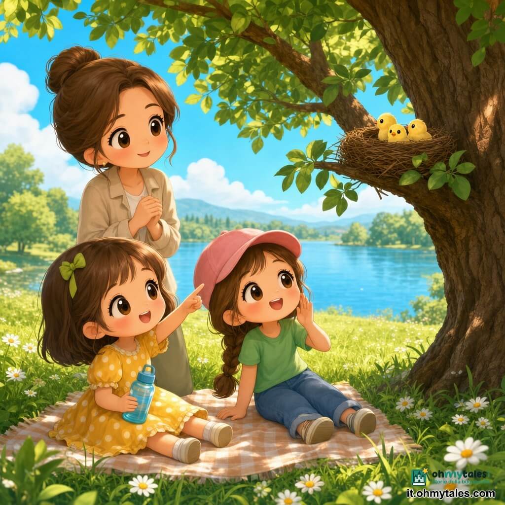 Ci sono 3 personaggi: Sofia, bambina 7 anni, capelli castani corti con fiocco verde, vestito giallo a pois bianchi, seduta a sinistra sull'erba con una borraccia blu indicando un nido; Giulia, bambina 7 anni, capelli lunghi intrecciati, cappellino rosa, maglietta verde e jeans, seduta a destra vicino a Sofia che sorride e poggia la mano sull'erba come a sussurrare agli uccelli; Maestra Marta, donna 30–35 anni, capelli castani raccolti, giacca beige leggera, in piedi dietro le bambine a sinistra con mani giunte e sguardo benevolo verso il nido. Luogo: piccolo boschetto sul lago con erba verde e margherite, sentiero terroso, un albero robusto con ramo basso che sostiene un piccolo nido marrone con due o tre pulcini gialli, acqua calma che riflette il cielo. Situazione: scena dolce e silenziosa di osservazione della natura, le bambine su una coperta a quadretti, luce calda filtrata dalle foglie, atmosfera pulita e gioiosa, colori vivaci e contorni morbidi in stile chibi kawaii.