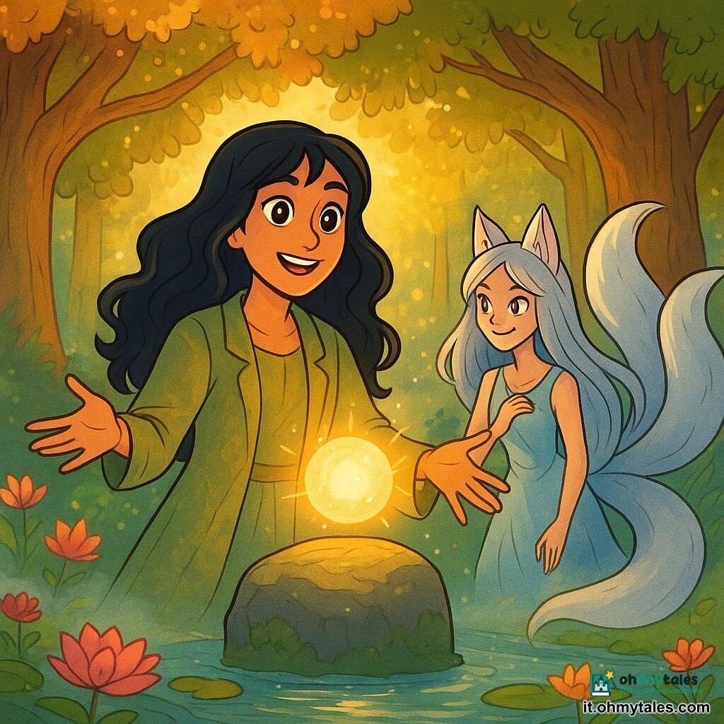 Suri, una donna di circa trenta anni, si trova al centro della scena, con lunghi capelli ondulati di un nero profondo e occhi brillanti come stelle. Indossa un leggero cappotto di lino verde e dorato, e il suo viso esprime una dolce determinazione, illuminato da un sorriso caloroso. Accanto a lei, una gumiho, una volpe magica a nove code, appare come una giovane donna di circa 20 anni, con capelli argentati e occhi scintillanti di malizia. Si tiene leggermente in disparte, osservando Suri con ammirazione, mentre la sua coda di volpe ondeggia dietro di lei. Il contesto è una radura incantata, circondata da alberi maestosi con tronchi spessi e foglie scintillanti, illuminati da una luce dorata che filtra tra i rami. Fiori di loto colorati galleggiano su un ruscello cristallino, mentre una leggera nebbia danza a terra, creando un'atmosfera magica. La scena principale mostra Suri che canta una dolce melodia, le mani tese verso una grande pietra flottante, dove una sfera di luce pulsante emette riflessi dorati. Le ombre intorno a lei sembrano dissolversi, mentre la gumiho la incoraggia, pronta ad aiutarla a liberare il Canto del Mattino.