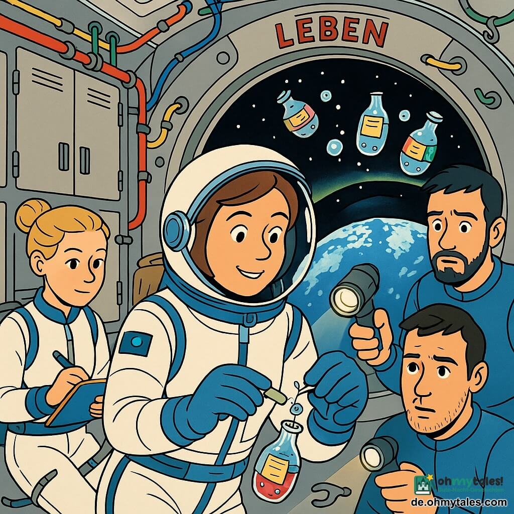Eine lächelnde Astronautin (Lara) mit rundem Gesicht und kurzen kastanienbraunen Haaren unter offenem Helm schwebt in einer weißen-blauen Raumanzug mit Abzeichen und repariert ein winziges Loch in einem schwebenden, transparenten Fläschchen mit einem silbernen Reparaturset und speziellem Klebeband; eine kleine Flüssigkeitstropfen schwebt daneben. Hinter ihr rechts schwebt ein etwa 35-jähriger Kollege mit kurzen schwarzen Haaren und leichter Bartstoppel, besorgt, aber ruhig, und hält eine Taschenlampe, die Tropfen und Etiketten beleuchtet. Links ist eine etwa 28-jährige Kollegin mit blondem Dutt, aufmerksam und beruhigend, an einer Bandschlinge befestigt und notiert auf einem Tablet. Der runde, helle Modulinnenraum "Leben" hat hellgraue Metallwände, Schränke, bunte Rohre und Kabel, Saugnäpfe und Haken; mehrere kleine Fläschchen mit Etiketten und Luftblasen schweben, ein großes Bullauge zeigt die blaue Erde mit einem dünnen grünen Polarlichtbogen. Die Szene zeigt die schwerelose Reparatur mit glänzendem Tropfen, schwebenden Werkzeugfäden und präzisen Gesten; warme, helle Farbpalette im franko-belgischen Comicstil mit klaren Linien und kindgerecht lesbaren Gesichtsausdrücken.