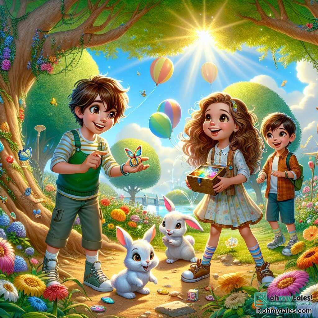 In un magnifico parco primaverile, quattro bambini si trovano insieme, pronti per un'avventura magica. Tommaso, un ragazzo di dieci anni con capelli castani e occhi scintillanti, è al centro, tiene un ovetto colorato tra le mani e sorride. Alla sua destra, Giulia, una ragazza bionda con lunghi capelli ricci, indica un ovetto nascosto sotto un grande albero, con gli occhi brillanti di eccitazione. A sinistra, Marco, un ragazzo robusto con capelli castani e un sorriso caloroso, si china per raccogliere un ovetto scintillante da terra. Infine, Sofia, una ragazza con capelli castani e corti, sta leggermente indietro con il suo bastone, osservando attentamente un piccolo coniglio bianco che li guarda con occhi maliziosi. Il parco è pieno di fiori colorati, grandi alberi con foglie verdi brillanti e palloncini che fluttuano nel cielo blu. I raggi di sole filtrano tra i rami, illuminando la scena con una dolce luce dorata. I bambini hanno appena scoperto una piccola porticina in legno nascosta sotto un albero e si preparano a entrare in un mondo magico pieno di avventure e ovetti incantati.