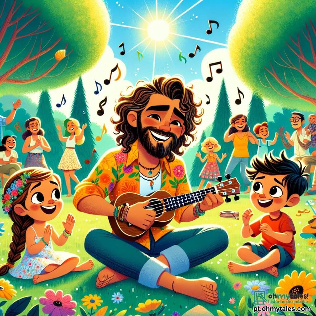 Um homem chamado Miguel, com cabelos castanhos e cacheados, um sorriso caloroso e olhos brilhantes de alegria, toca ukulele no meio de um parque ensolarado. Ele usa uma camisa colorida e calças jeans, cercado por notas musicais flutuantes que dançam no ar. Ao seu lado, uma menina chamada Sofia, com cerca de 8 anos, cabelos loiros longos trançados e um vestido florido, dança alegremente batendo palmas ao ritmo da música. Um menino chamado Lucas, de 7 anos, com cabelos pretos bagunçados e uma camiseta vermelha, está sentado na grama, tentando imitar os acordes de Miguel em um ukulele miniatura, com um olhar concentrado. O local é um parque verdejante, cheio de árvores majestosas, flores coloridas e um céu azul brilhante. Famílias e crianças brincam ao redor, criando uma atmosfera alegre e festiva. A cena principal mostra Miguel e as crianças tocando música juntos, com sorrisos radiantes em seus rostos, compartilhando um momento de felicidade e camaradagem sob o sol brilhante.
