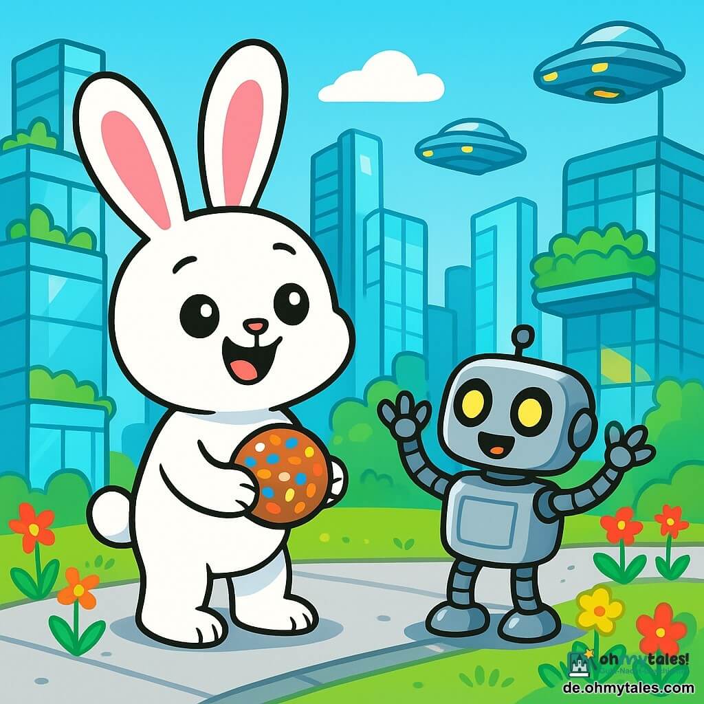 Ein kleiner weißer Hase namens Nino mit großen Ohren und funkelnden Augen steht auf einem futuristischen Bürgersteig und lächelt strahlend. In seinen Vorderpfoten hält er eine kleine Sprühdose mit bunten Samen, bereit, sie in eine graue Ecke der Stadt zu werfen. Neben ihm steht ein kleiner Roboter namens Mini-Bob mit einem silbernen Körper und leuchtenden Augen, der enthusiastisch mit seinen beweglichen Armen gestikuliert. Die Szenerie ist eine futuristische Stadt mit funkelnden Glasgebäuden, hängenden Gärten an den Wänden und fliegenden Autos im blauen Himmel. Bunte Blumen beginnen um sie herum zu blühen und verleihen der Umgebung Leben. Nino wirft seine Samenbombe, während Mini-Bob ihn mit fröhlichen Geräuschen anfeuert. Gemeinsam verwandeln sie eine Ecke der Stadt in einen lebendigen und blühenden Ort.