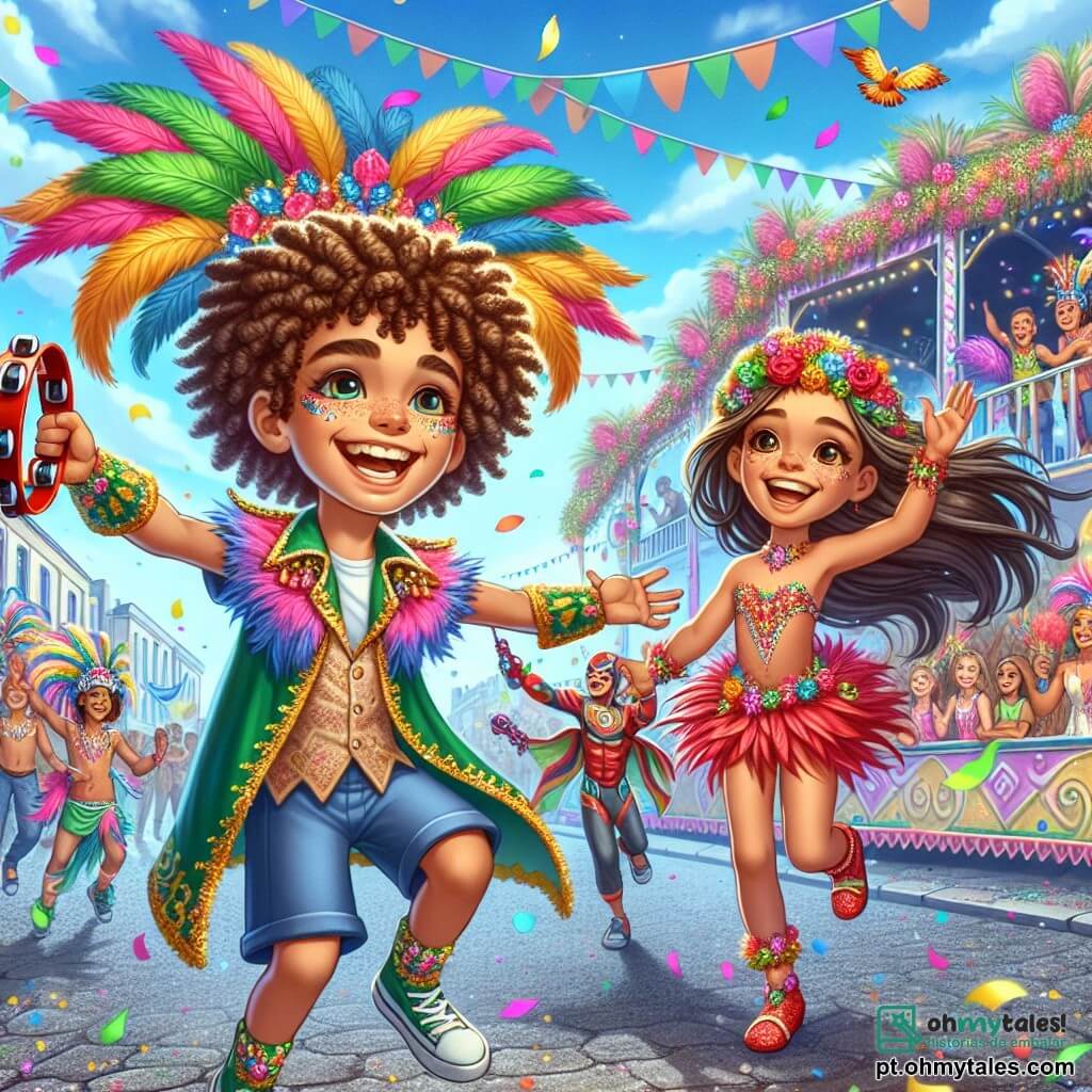 Um menino de 12 anos, com cabelos cacheados e um grande sorriso radiante, veste uma fantasia de carnaval feita de penas coloridas e brilhos cintilantes. Ele está jogando confetes no ar, seu rosto iluminado pela excitação e alegria. Ao seu lado, uma menina de 11 anos, sua irmã, com cabelos longos e brilhantes, usa uma coroa de flores e roupas de cores vivas. Ela dança rindo, segurando um pandeiro nas mãos. Um menino de 12 anos, seu amigo, vestido de super-herói com uma capa vermelha, faz gestos exagerados para chamar a atenção dos transeuntes, enquanto se mantém um pouco afastado, pronto para se juntar a eles. A cena acontece em uma grande praça animada, decorada com faixas coloridas e balões flutuantes, onde grupos de pessoas dançam e se divertem sob um céu azul brilhante. Ao fundo, um carro de carnaval decorado com flores gigantes e luzes cintilantes avança lentamente, atraindo todos os olhares. A situação principal mostra o menino jogando confetes com entusiasmo, cercado por seus amigos, todos imersos na euforia e magia do carnaval.