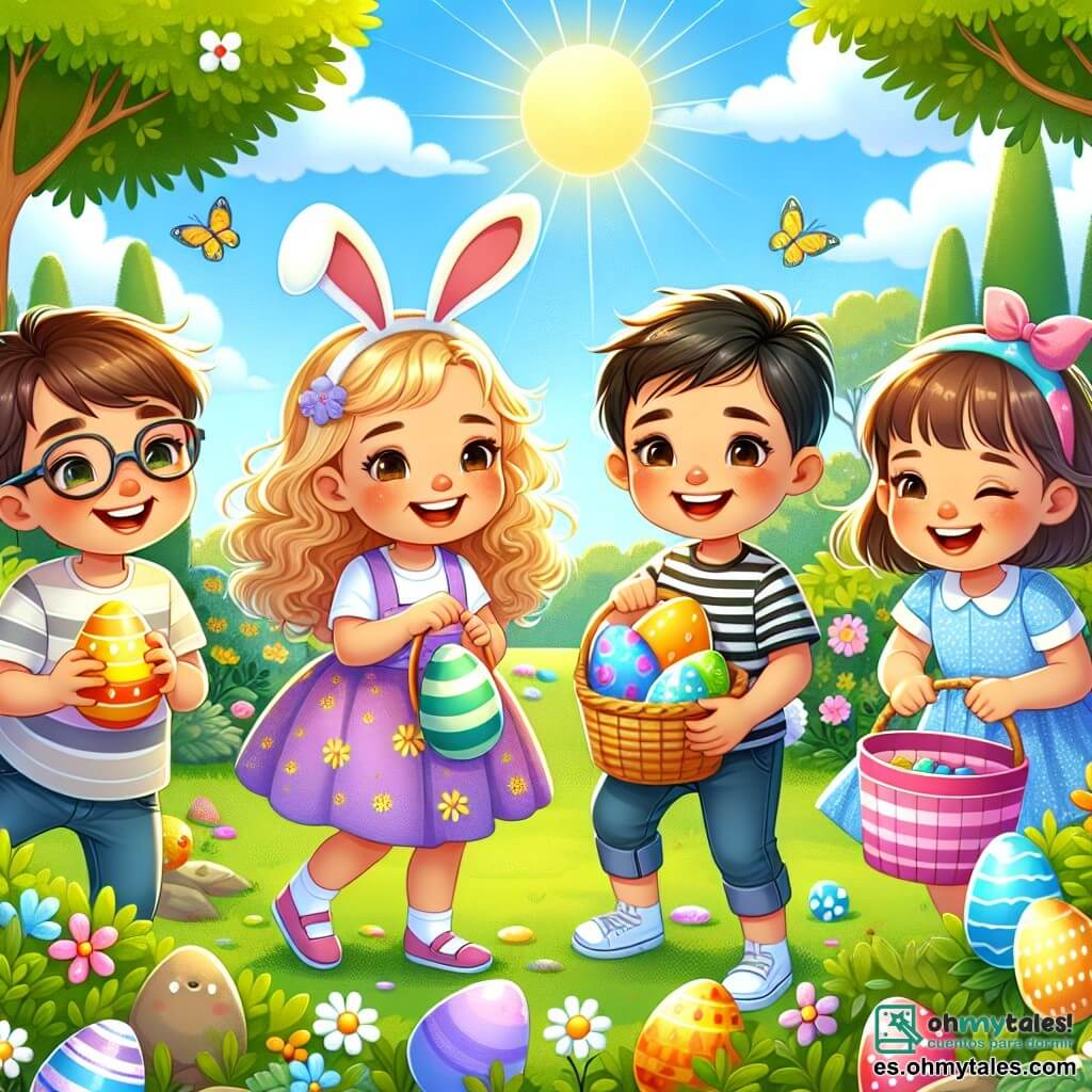 En un parque soleado, cinco niños están reunidos para una alegre búsqueda de huevos de Pascua. Lucas, un niño de siete años con cabello castaño y ojos brillantes, está en el centro, sosteniendo una gran canasta llena de huevos coloridos. A su derecha, Carla, una niña con cabello rubio y rizado, sonríe sosteniendo una canasta rosa, lista para buscar huevos. A la izquierda, Tomás, un niño con gafas y cabello negro, lleva un sombrero de conejo y mira a su alrededor con emoción. Sofía, una niña con cabello castaño y un vestido colorido, está agachada cerca de un árbol, descubriendo un huevo escondido detrás de un arbusto. Finalmente, Jorge, un niño con cabello corto y una camisa a rayas, se ríe después de tropezar con una piedra, sosteniendo un huevo brillante en su mano. El parque está lleno de flores brillantes, grandes árboles verdes y un cielo azul claro, creando una atmósfera alegre y festiva. Los niños están rodeados de pequeños huevos de Pascua coloridos, escondidos por toda la hierba. La situación principal muestra a los niños corriendo en diferentes direcciones, riendo y buscando huevos de chocolate, con un sentimiento de emoción y camaradería en el aire.