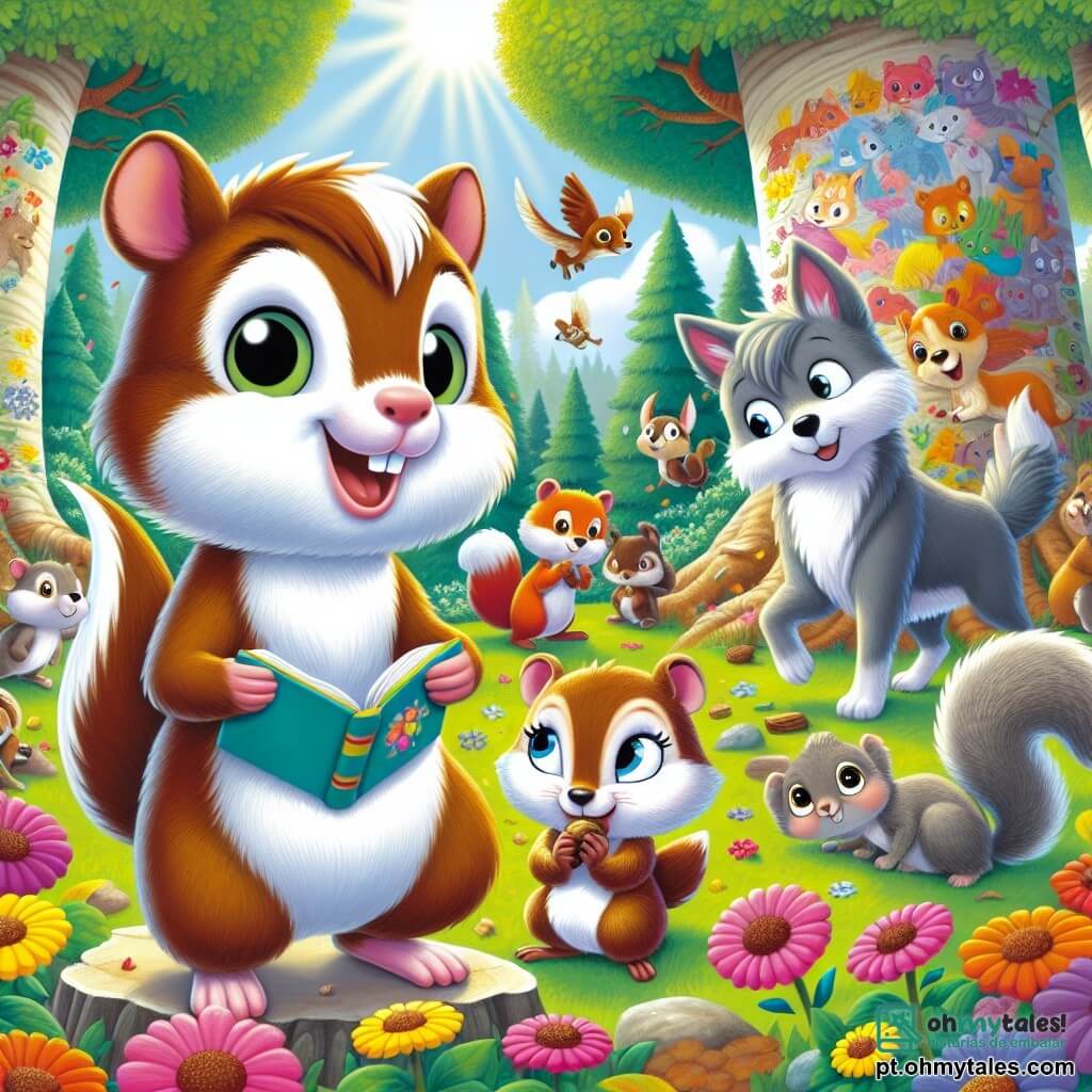 No centro da imagem, Max, um pequeno e travesso porquinho-da-índia com pelagem marrom e branca, está em pé sobre uma pedra, com um grande sorriso no rosto e os olhos brilhando de excitação. Ele segura um livro aberto com suas patinhas, cercado por cores vivas e desenhos alegres. Ao seu lado, Clara, uma esquila cinza de olhos travessos, está mordiscando uma noz, olhando para Max com admiração. Um pouco mais longe, Solitaire, um lobo de pelagem cinza e olhos suaves, está de pé timidamente, mas com um leve sorriso, ouvindo atentamente as histórias dos outros animais. O cenário é uma clareira ensolarada, cercada por majestosas árvores de folhas verdes vibrantes, com flores coloridas dançando ao vento. Ao fundo, um grande mural colorido está sendo criado, representando animais de todas as cores e tamanhos, simbolizando a unidade e a diversidade. A situação principal mostra Max incentivando todos os animais da floresta a se reunirem para celebrar suas diferenças, com risadas e brincadeiras, criando uma atmosfera de alegria e amizade.
