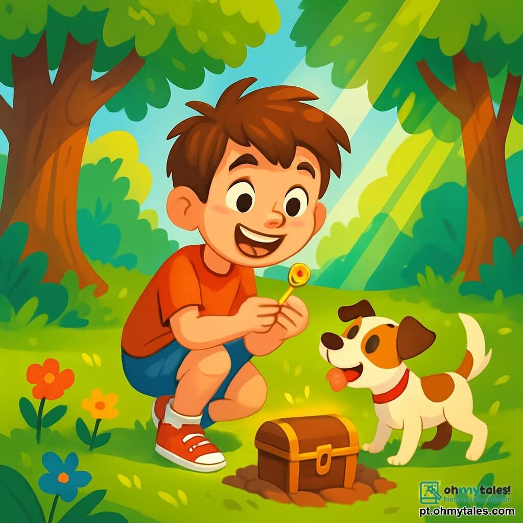 Um menino de 8 anos, com cabelos castanhos bagunçados e olhos brilhantes de curiosidade, está agachado em uma clareira ensolarada, segurando uma pequena chave dourada nas mãos. Seu rosto expressa uma alegria intensa e uma excitação palpável, com um largo sorriso que ilumina seu rosto. Ao seu lado, um cachorro de pequeno porte, com pelagem branca e manchas marrons, adota uma postura entusiasmada, abanando o rabo alegremente, como se estivesse pronto para saltar de felicidade. A cena acontece em uma clareira verdejante, cercada por árvores majestosas com folhas brilhantes, onde raios de sol passam pelas folhas, criando padrões luminosos no chão. Flores coloridas salpicam o solo, acrescentando um toque de magia ao ambiente. O menino e seu cachorro descobrem um tesouro escondido, um pequeno baú de madeira antiga, meio enterrado na terra, que brilha sob a luz do sol, prometendo aventuras e mistérios a serem resolvidos.