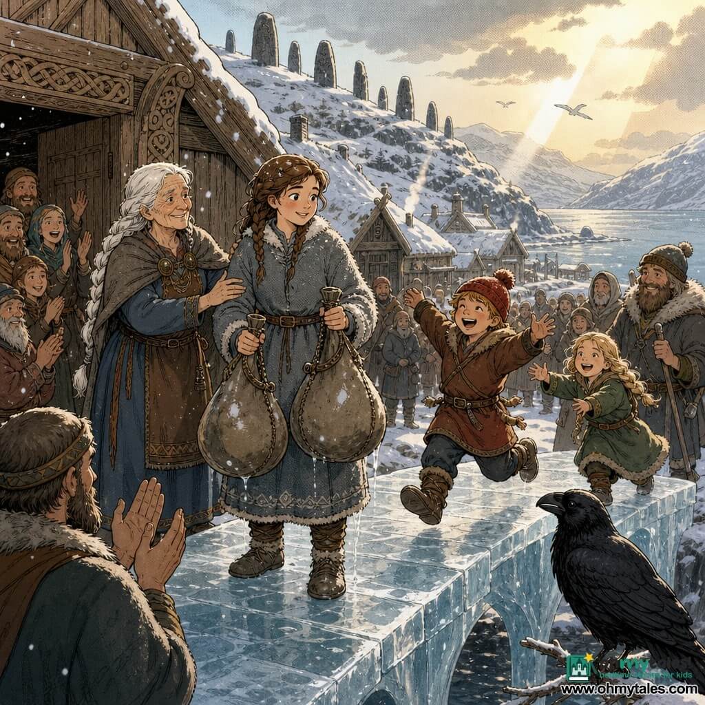 Astrid, a young woman (about 18–25) with a round face and tight brown braids, in a blue-gray wool coat dusted with snow, looks determined and serene as she stands on a translucent ice bridge holding two swollen water skins and trembling slightly from their weight; Signe, an elderly woman (about 70) with white braided hair, wrinkled skin but bright eyes, smiles gently and rests a reassuring hand on Astrid’s arm near the entrance of a large wooden hall to the left; a boy (about 8) in a red pompom hat runs and jumps across the bridge laughing while a girl (about 6) in a green coat follows, squinting and reaching toward Astrid; a glossy black raven perches on a frozen branch in the foreground, head tilted as if watching; the setting is a Nordic village on a fjord with long wooden houses and smoking roofs, powdery snow, dark "Listening Stones" along a distant ridge, and a pale winter sky with a golden ray of light; the main scene is a triumphant, warm arrival—Astrid returns from the spring with water, sets the skins on the newly built ice bridge as gathered villagers welcome and celebrate, creating a calm, solemn, hopeful atmosphere.