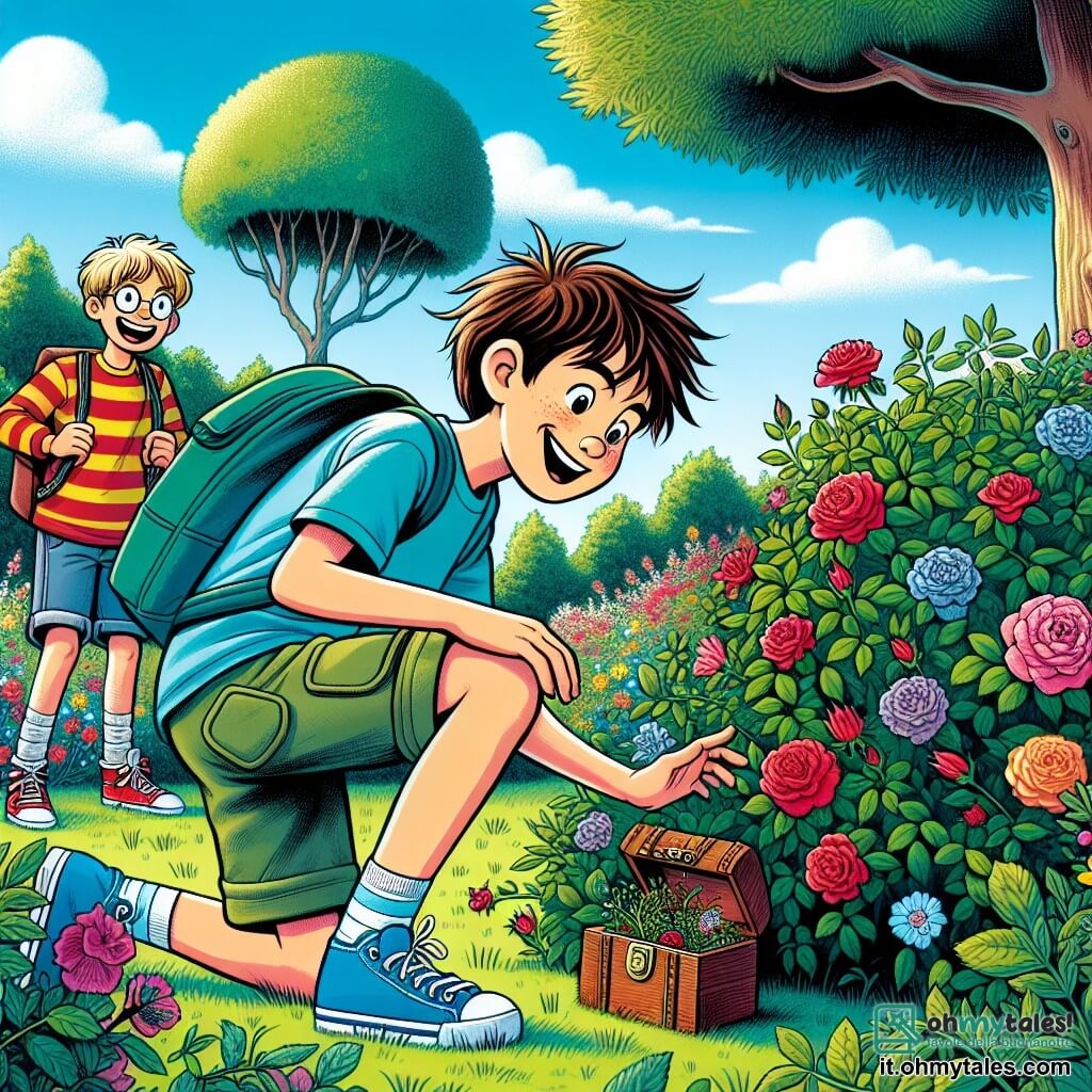 Un ragazzo di 10 anni, Matteo, con capelli castani arruffati e occhi scintillanti di gioia, è accovacciato in un parco verdeggiante, con un ampio sorriso mentre scopre una piccola scatola di legno nascosta sotto un cespuglio di rose. Indossa una maglietta blu vivace e pantaloni corti, e il suo zaino colorato è posato accanto a lui. Accanto a lui, Alessio, il suo migliore amico di 10 anni, con capelli biondi e occhiali rotondi, guarda con meraviglia, le mani sui fianchi, mentre Giulia, una ragazza di 9 anni con lunghi capelli castani e un vestito a fiori, si avvicina saltellando, impaziente di vedere cosa ha trovato Matteo. Il parco è pieno di fiori vivaci, grandi alberi con foglie verdi e un cielo blu chiaro punteggiato da alcune nuvole bianche e soffici. I bambini giocano in lontananza, e l'aria è pervasa dal dolce profumo dei fiori primaverili. La scena principale mostra Matteo mentre scava il tesoro, circondato dai suoi amici, tutti eccitati e curiosi, illustrando lo spirito di avventura e amicizia che regna in questo momento magico della caccia al tesoro primaverile.