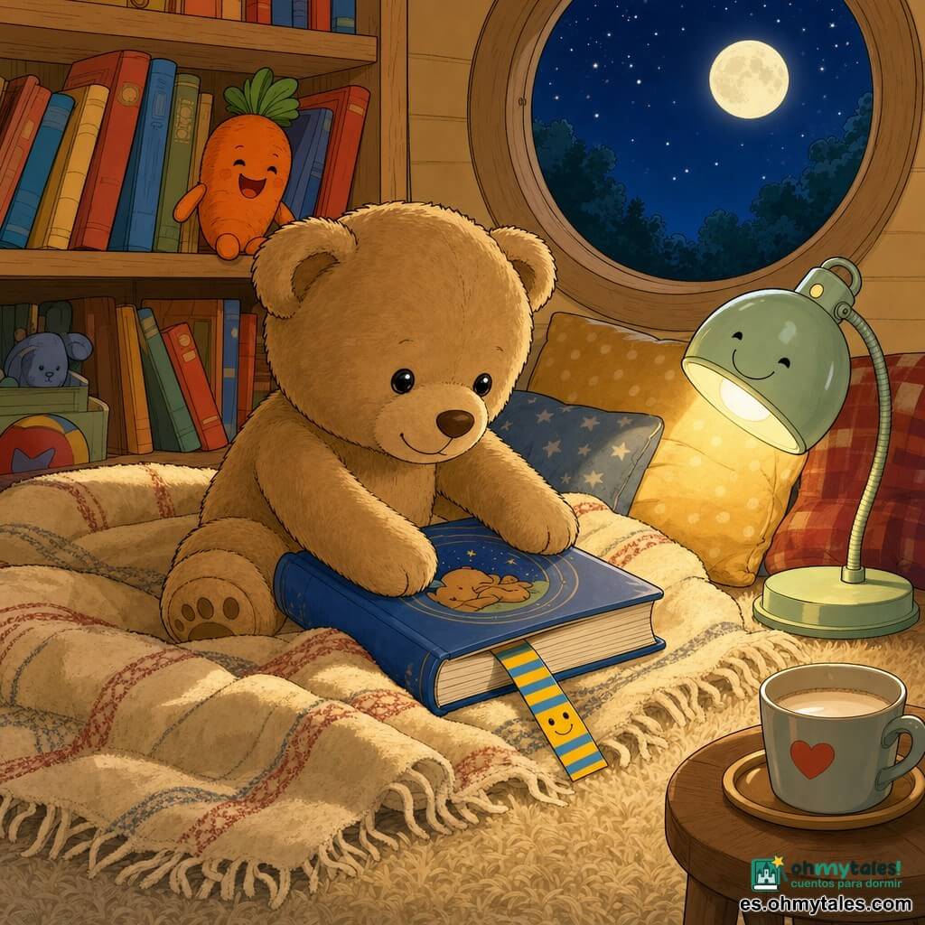 Un pequeño osito de peluche realista y suave, color marrón claro, ojos de botón y sonrisa cosida, sentado sobre una gruesa manta de lana, sostiene delicadamente un marcador de libros fino de cartón a rayas amarillas y azules con una carita sonriente que asoma de una página de un gran libro abierto; junto a él hay una lamparita redonda metálica verde pálido que emite una luz cálida y suave que ilumina su rostro, y detrás una estantería baja de madera clara con libros de colores vivos y un pequeño juguete en forma de zanahoria; una ventana redonda abierta muestra una luna brillante y un cielo índigo estrellado. La habitación es acogedora, de tonos cálidos, con alfombra beige, cojines y una taza de leche tibia en una mesita; la escena muestra al osito cerrando suavemente el gran libro dejando el marcador, listo para dormir, con la luz tenue y la luna fuera evocando un momento de lectura antes de acostarse.