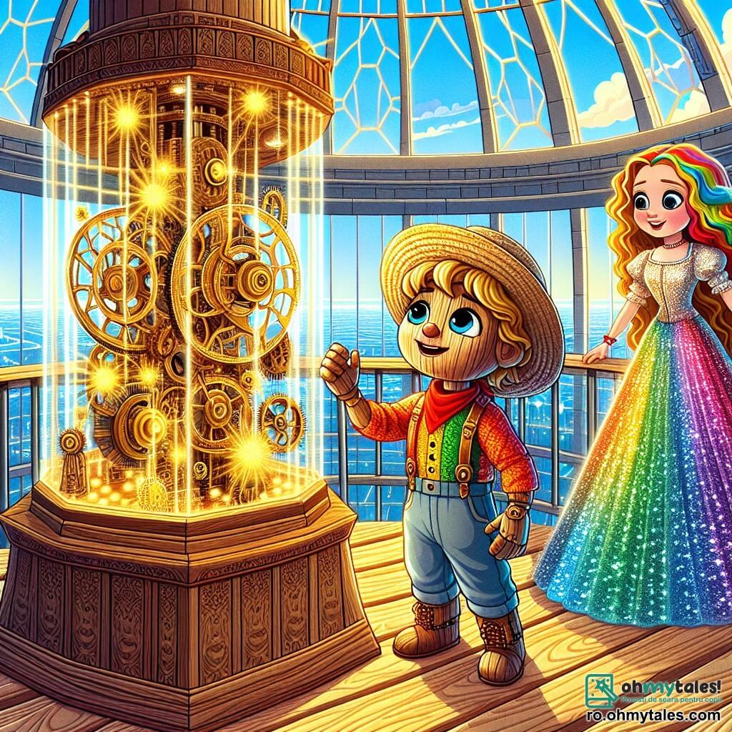 Pinocchio, un băiat tânăr din lemn cu ochi sclipitori și un zâmbet strălucitor, stă în vârful unui turn de sticlă majestuos, înconjurat de pereți strălucitori care reflectă lumina soarelui. Poartă o cămașă colorată și o pălărie de paie, iar fața lui exprimă o mare curiozitate și uimire în timp ce descoperă o mașinărie veche, plină de roți dințate aurii și lumini strălucitoare. Lângă el, Fata Curcubeului, o fetiță de aproximativ 10 ani cu păr lung ondulat în culori vibrante, poartă o rochie strălucitoare în toate culorile curcubeului. Ea se uită la Pinocchio cu un zâmbet încurajator, gata să-l ajute în căutarea sa. Locul este un turn de sticlă cu pereți translucizi care permit razelor de soare să pătrundă, creând un joc de lumini și umbre pe podeaua din lemn. În jurul lor, se află un peisaj urban futurist, cu clădiri de sticlă și metal, iar în depărtare, cerul este de un albastru profund, presărat cu nori pufoși. În centrul poveștii, Pinocchio și Fata Curcubeului descoperă comoara de înțelepciune, o carte magică, care va aduce pace și înțelegere între toți locuitorii orașului, în timp ce lumina strălucitoare a mașinăriei îi învăluie într-o atmosferă de magie și speranță.