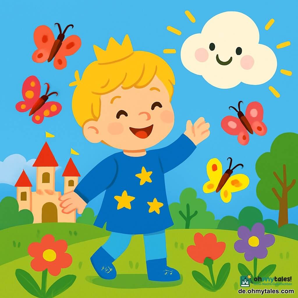 Ein junger Prinz namens Leo, 7 Jahre alt, mit glänzendem blonden Haar und einem strahlenden Lächeln, steht fröhlich in einem magischen Garten. Er trägt eine blaue Tunika mit goldenen Sternen und glitzernde Schuhe. Leo ist von bunten Schmetterlingen umgeben, die um ihn herumfliegen und der Szene einen Hauch von Magie verleihen. Neben ihm schwebt eine lächelnde kleine Wolke mit rosigen Wangen und funkelnden Augen am blauen Himmel. Die Wolke sieht fröhlich aus, umgeben von goldenen Sonnenstrahlen, die ihr Gesicht erhellen. Der Garten ist voller leuchtender Blumen in lebhaften Farben: rosa, gelb und violett, mit grünen Bäumen, die sanft im Wind tanzen. Im Hintergrund erhebt sich ein majestätisches Schloss mit glitzernden Türmen und wehenden Fahnen. In dieser Szene spielt Leo mit der Wolke, lädt sie ein, mit ihm und seinen Schmetterlingsfreunden Spaß zu haben und schafft eine Atmosphäre von Freude und Freundschaft.