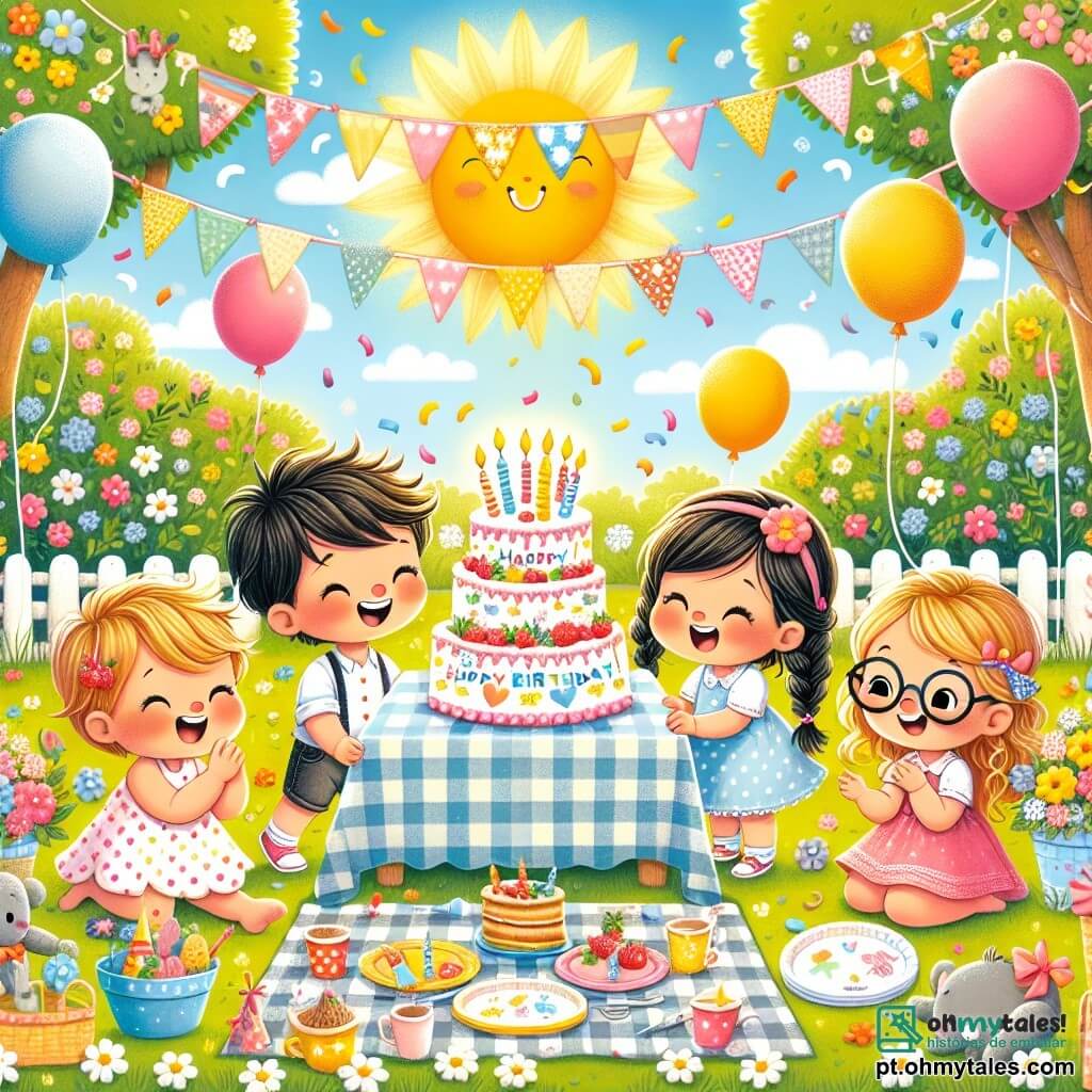 No centro da imagem, João, um menino de dois anos com cabelos castanhos bagunçados e um grande sorriso, sopra as velas de um bolo de aniversário colorido, cercado de confetes. À sua direita, Maria, uma menina de quatro anos com cabelos loiros trançados e um vestido rosa, dança alegremente levantando os braços. À sua esquerda, Pedro, um menino de três anos com cabelos negros e olhos brilhantes, segura um balão vermelho em forma de coração. Um pouco atrás, Ana, uma menina de cinco anos com óculos e um vestido de bolinhas, aplaude entusiasticamente, enquanto Lucas, um menino de quatro anos com cabelos castanhos e uma camiseta azul, se aproxima com um urso de pelúcia. A festa acontece em um jardim ensolarado, cheio de flores coloridas e guirlandas de papel penduradas nas árvores. Uma grande toalha quadriculada está estendida na grama, com pratos e copos decorados com desenhos de animais. Balões flutuam no ar, acrescentando um toque festivo à atmosfera alegre. A cena principal mostra João soprando as velas do seu bolo de aniversário, enquanto seus amigos o cercam, todos sorridentes e prontos para celebrar esse momento mágico juntos.
