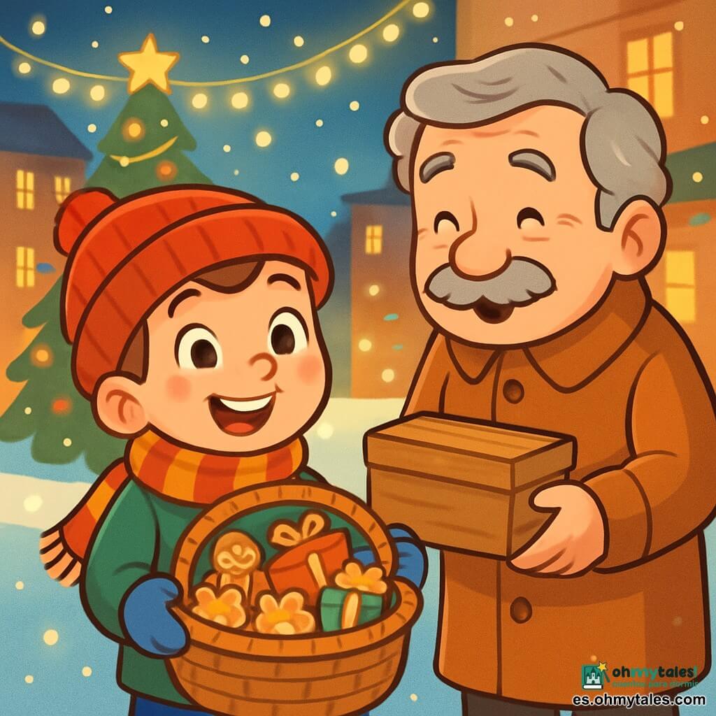Un niño de 6 años, llamado Tomás, con ojos brillantes de curiosidad y una amplia sonrisa, lleva un gorro rojo brillante y una bufanda a rayas. Sostiene una gran cesta de mimbre llena de pasteles y pequeños regalos, de pie en la nieve brillante. A su lado está el señor Martín, un hombre mayor con cabello gris y un bigote rizado, que mira a Tomás con gratitud, sosteniendo una caja de madera. En el fondo, la calle está decorada con guirnaldas luminosas y un gran árbol de Navidad brilla en el centro de la plaza, rodeado de copos de nieve que caen suavemente. La escena muestra a Tomás ofreciendo dulces a los vecinos, compartiendo la alegría de la Navidad con un corazón cálido y una luz dorada que ilumina todo a su alrededor.