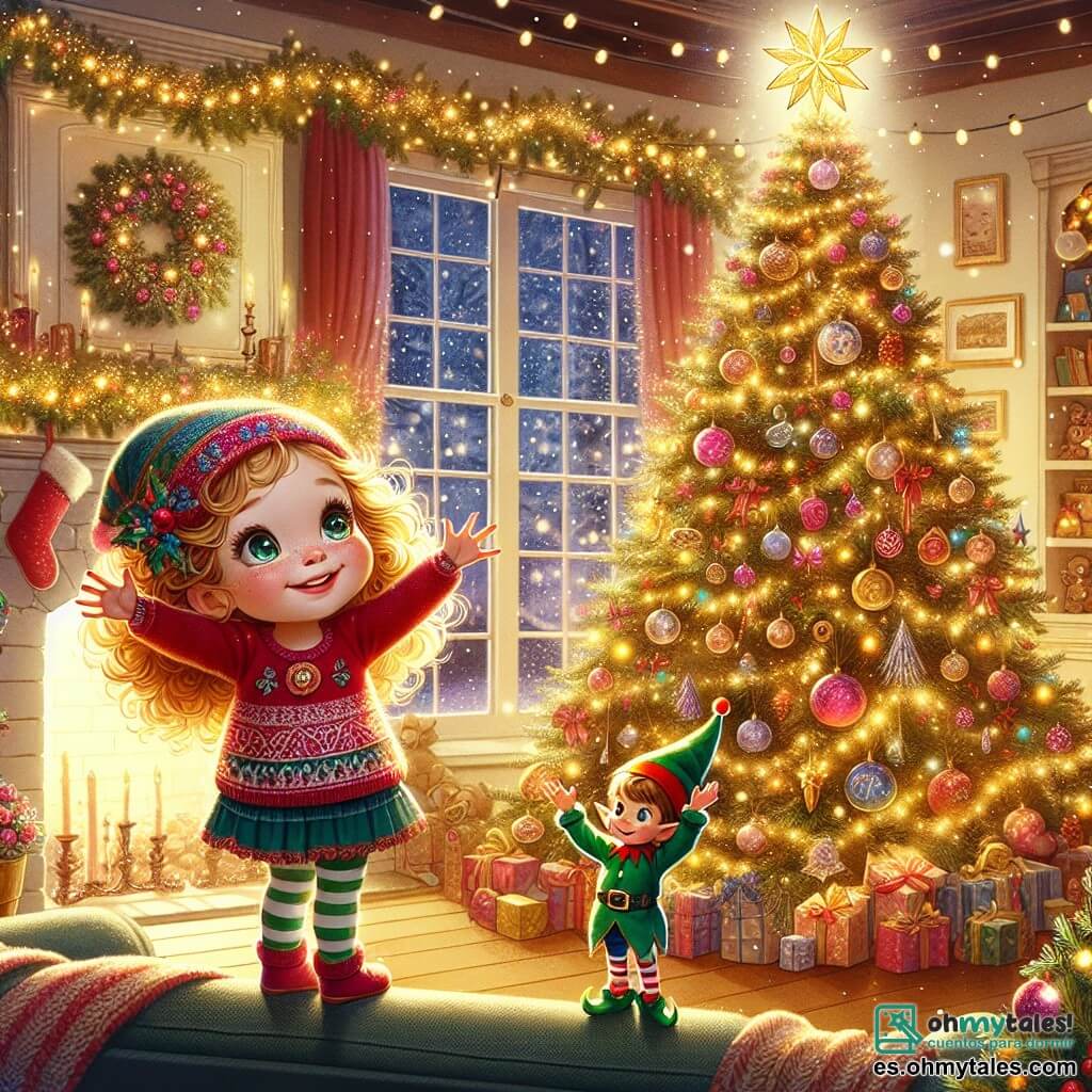 Una niña de 3 años, llamada Sofía, con cabello rizado y dorado, y grandes ojos llenos de curiosidad, está frente a un hermoso árbol de Navidad decorado con luces brillantes y bolas de colores. Sonríe con asombro, con los brazos extendidos, como si quisiera abrazar la magia de la Navidad. A su lado, un duende llamado Pepito, que tiene alrededor de 100 años pero parece un niño pequeño, con un rostro alegre, mejillas sonrosadas y un gran sombrero rojo, levanta la mano para saludar a Sofía. La escena tiene lugar en una sala acogedora, llena de decoraciones navideñas: un gran árbol iluminado, medias colgadas en la chimenea y copos de nieve cayendo suavemente por la ventana. Sofía y Pepito descubren juntos el poder mágico de la estrella dorada en el árbol, que brilla intensamente, iluminando toda la habitación con una luz dorada, mientras un sentimiento de alegría y asombro los envuelve.