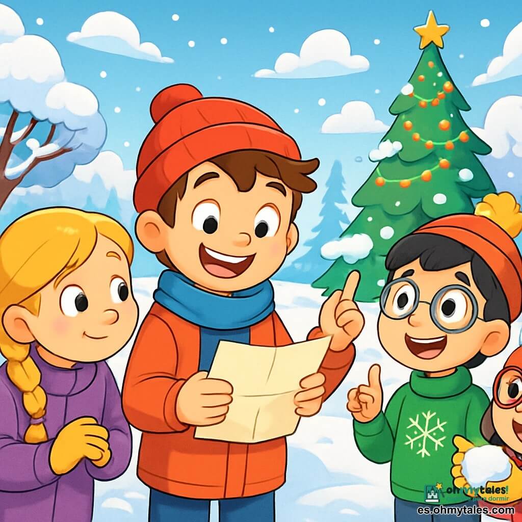 Hay 4 niños: - Lucas: un niño de 9 años, con cabello castaño desordenado y ojos brillantes. Lleva un gorro rojo y una bufanda azul. Está en el centro, sosteniendo un pedazo de papel con una gran sonrisa. - Marina: una niña de 8 años, con largos cabellos rubios trenzados y mejillas sonrosadas. Lleva un abrigo violeta y guantes amarillos. Está ligeramente a la izquierda de Lucas, mirando el papel con curiosidad. - Tomás: un niño de 9 años, con cabello negro y gafas redondas. Lleva un suéter verde con un diseño de copo de nieve. Está a la derecha de Lucas, señalando al cielo con entusiasmo. - Clara: una niña de 8 años, con cabello castaño y gafas. Lleva un abrigo rosa y un gorro con pompón. Está un poco detrás, sonriendo y sosteniendo una bola de nieve en sus manos. El lugar de la situación principal es un parque nevado, con árboles cubiertos de nieve brillante. Un viejo banco de madera está cubierto de copos de nieve, y un gran árbol de Navidad decorado brilla a lo lejos, iluminado por guirnaldas coloridas. El cielo es azul claro, salpicado de nubes blancas y esponjosas. La situación principal de la historia muestra a los niños descubriendo un pequeño pedazo de papel escondido en el banco, revelando un misterioso mapa que los lleva a una aventura mágica para encontrar al Duende Travieso de Navidad. Están rodeados de nieve, riendo y maravillándose de su descubrimiento.