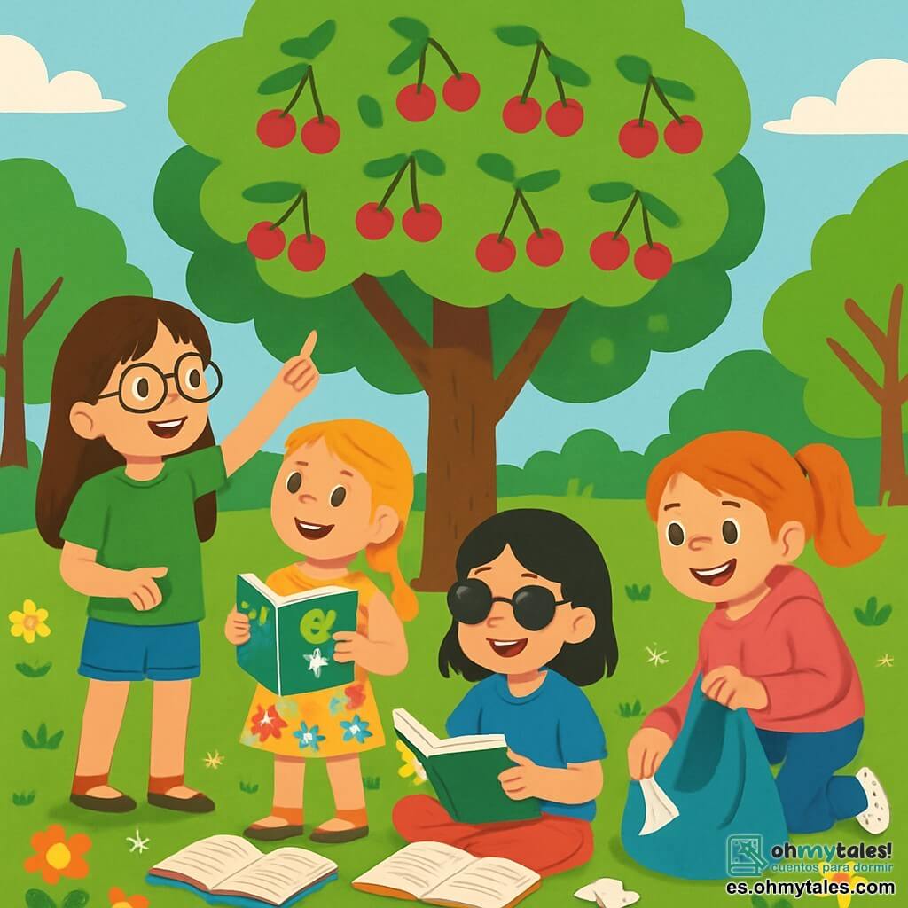 Hay 4 niños: - Lucía: una niña de 9 años con cabello largo castaño y gafas redondas. Lleva una camiseta verde y un short de mezclilla. Está de pie, señalando el gran árbol de cerezas. - Carla: una niña de 8 años con cabello rubio trenzado y una sonrisa brillante. Viste un vestido de flores coloridas y sostiene un libro sobre ecología en sus manos, mirando atentamente a Lucía. - Sofía: una niña de 9 años con cabello negro y gafas de sol. Lleva una camiseta azul y un pantalón deportivo. Está sentada en el suelo, rodeada de libros abiertos, leyendo en voz alta. - Marta: una niña de 8 años con cabello pelirrojo y pecas. Lleva una sudadera rosa y jeans. Está agachada, recogiendo basura con una gran sonrisa. La escena tiene lugar en un parque verde, lleno de árboles majestuosos, flores coloridas y un gran árbol de cerezas en el centro, con hojas de un verde brillante. El suelo está cubierto de pequeñas flores silvestres y hierba fresca, mientras que el cielo es de un azul claro, con algunas nubes blancas esponjosas. La situación principal muestra a las cuatro amigas trabajando juntas para limpiar el parque. Recogen basura, conversan alegremente y comparten ideas sobre cómo proteger el medio ambiente, rodeadas de la belleza de la naturaleza.