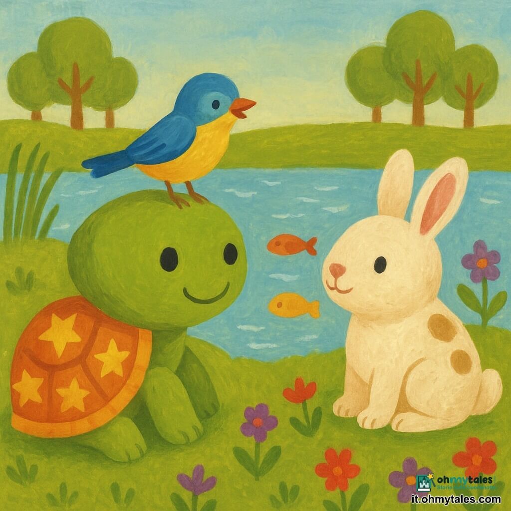 Una piccola tartaruga verde di nome Tino, con carapace rotonda decorata da stelle arancioni e gialle, sorride guardando il lago; è seduta sulle zampe, leggermente piegata verso l'acqua. Un pulcino dai piumaggi blu e giallo è appollaiato sul bordo della carapace, testa inclinata come se cinguettasse. Un coniglietto paffuto, pelo bianco macchiato di marrone, è seduto accanto a lei, zampe anteriori sull'erba, orecchie dritte e sguardo curioso verso il lago. Sulla riva di un lago scintillante, erba verde, fiori rossi e viola, qualche canneto e alberi sullo sfondo. I tre amici sono affiancati sulla sponda a contemplare pesci colorati che nuotano vicino alla superficie, atmosfera calma e colori tenui, stile semplice per i più piccoli.