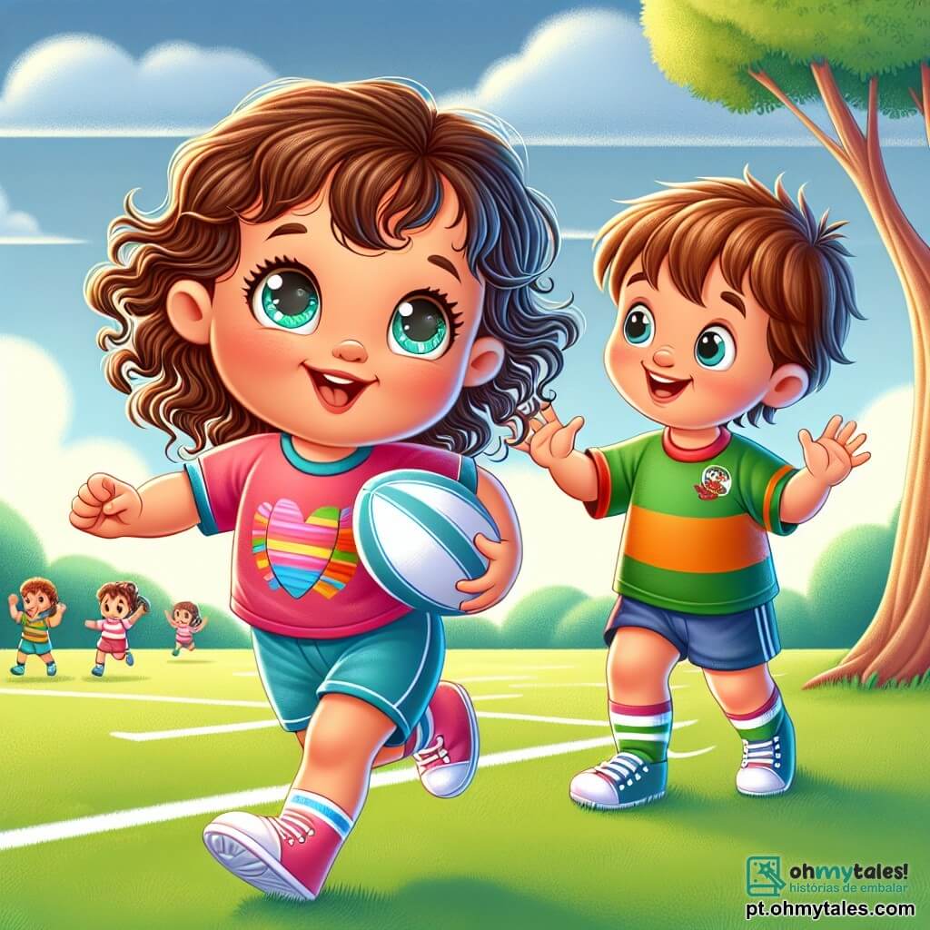 Uma menina de 2 anos, com grandes olhos brilhantes e cabelos cacheados, usa uma camiseta colorida e um short. Ela corre com um grande sorriso no rosto, cheia de energia e determinação, segurando uma bola de rugby nas mãos pequenas. Ao seu lado, um menino de 6 anos, com cabelos castanhos e uma camiseta de rugby, a incentiva com um sorriso caloroso, os braços levantados em sinal de apoio. Ao fundo, um parque verde com árvores majestosas, um céu azul claro e amigos jogando rugby em um campo gramado. A cena mostra a menina correndo em direção a uma árvore ao longe, pronta para enfrentar o desafio de seu treinador, com uma expressão de alegria e coragem no rosto.