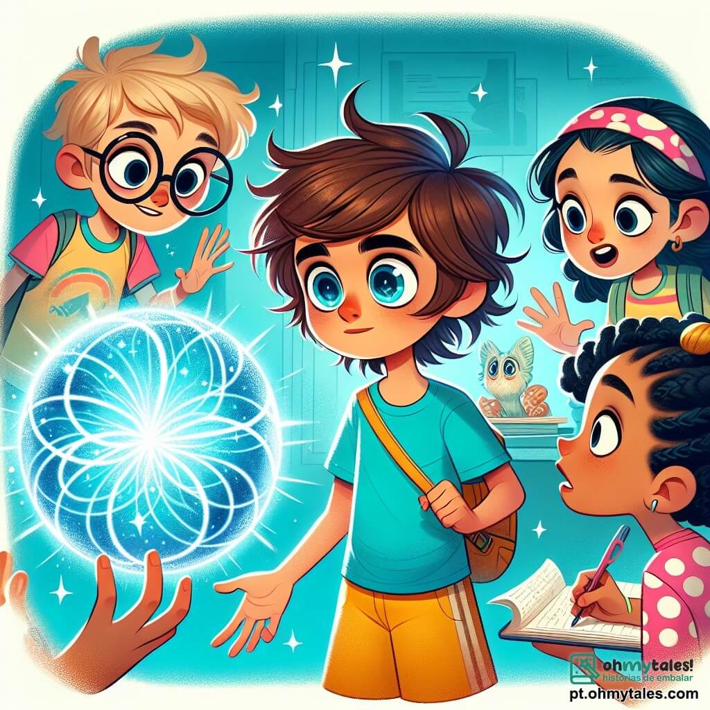 Um menino de 10 anos, Lucas, com cabelos castanhos bagunçados e olhos brilhantes de curiosidade, está no centro da imagem, com os braços abertos e um sorriso maravilhado no rosto. Ele usa uma camiseta azul vibrante e um short amarelo, e observa com fascínio uma esfera brilhante flutuando à sua frente. À sua direita, Ana, uma menina de 10 anos com cabelos longos e cacheados, vestida com um vestido rosa de bolinhas, observa a esfera com os olhos arregalados e a boca levemente aberta, cheia de admiração. À esquerda, Pedro, um menino de 10 anos com óculos redondos e cabelos loiros, anota em um pequeno caderno, parecendo concentrado e intrigado. Por fim, Zoe, uma menina de 10 anos com tranças e uma camiseta verde, aponta para a esfera, com o rosto iluminado pela excitação. O cenário é uma aldeia antiga, com casas de pedra e telhados de palha, ruas de paralelepípedos e árvores floridas, banhada por uma suave luz dourada do sol poente. Ao fundo, cavalos pastam tranquilamente e crianças brincam de amarelinha. A situação principal mostra Lucas e seus amigos, maravilhados e um pouco apreensivos, descobrindo a esfera misteriosa que os transportou para o passado, prontos para viver uma aventura incrível.