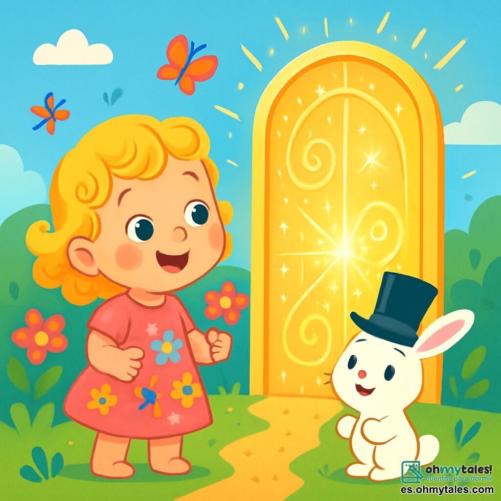 Una niña de 2 años, con cabello dorado rizado y ojos brillantes, sonríe asombrada frente a una puerta mágica brillante en su jardín. Lleva un vestido rosa con estampados de flores coloridas y sostiene una pequeña flor en su mano. A su lado, un adorable conejito blanco con sombrero de copa la mira con ojos traviesos, listo para llevarla a una aventura. El jardín está lleno de flores vibrantes, mariposas coloridas y un cielo azul claro, creando una atmósfera alegre y encantada. La puerta mágica, alta y resplandeciente, está decorada con motivos en espiral y brilla bajo el sol. La escena principal muestra a la niña y al conejo preparándose para abrir la puerta mágica, llenos de emoción y curiosidad, listos para descubrir un mundo maravilloso más allá de este portal mágico.