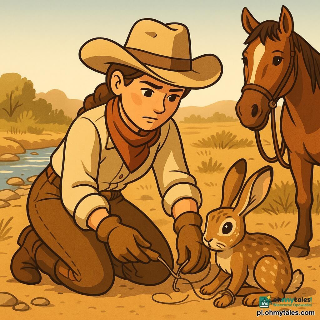 Kobieta-cowgirl ~30 lat, łagodna lecz skupiona, warkocz pod beżowym kapeluszem, klęczy w kurzu w skórzanych rękawicach, odplątując drut z młodego zająca; obok po prawej kasztanowy koń Kasztan, duży i spokojny; zając z rudawym, białoplamistym futrem, przednia łapa owinięta drutem, przestraszony lecz ulgę; w tle po lewej płytka rzeka z błyszczącą wodą i kamykami, po prawej suche krzewy i żółknąca łąka; ciepłe światło późnego przedpołudnia, lekka pyłowa mgiełka, styl cel‑shading z wyraźnymi teksturami i miękkimi cieniami; scena ratowania, kobieta delikatnie wyciąga drut małym drewnianym hakiem; paleta: ochry, ciepłe brązy, suche zielenie i jasnoniebieska woda.