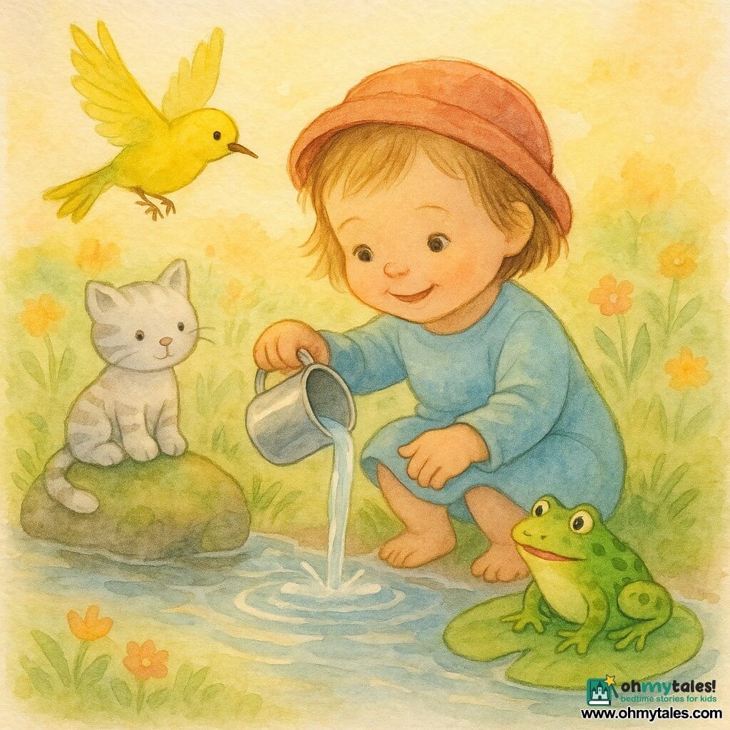 A 2-year-old girl with a gentle smile and bright eyes, short light-brown hair under a small red hat, plays at the edge of a shallow stream holding a shiny metal cup, curious and joyful; a gray striped plush kitten with black stitched eyes sits on a nearby stone as if watching her; a vivid yellow bird with a fine beak flies above the stream toward the cup; a speckled green frog with glossy skin sits on a lily pad looking surprised and happy; the scene shows clear shallow water with small ripples, mossy round stones, short green grass and colorful wildflowers in soft sunset light, calm atmosphere, pastel colors and watercolor textures.