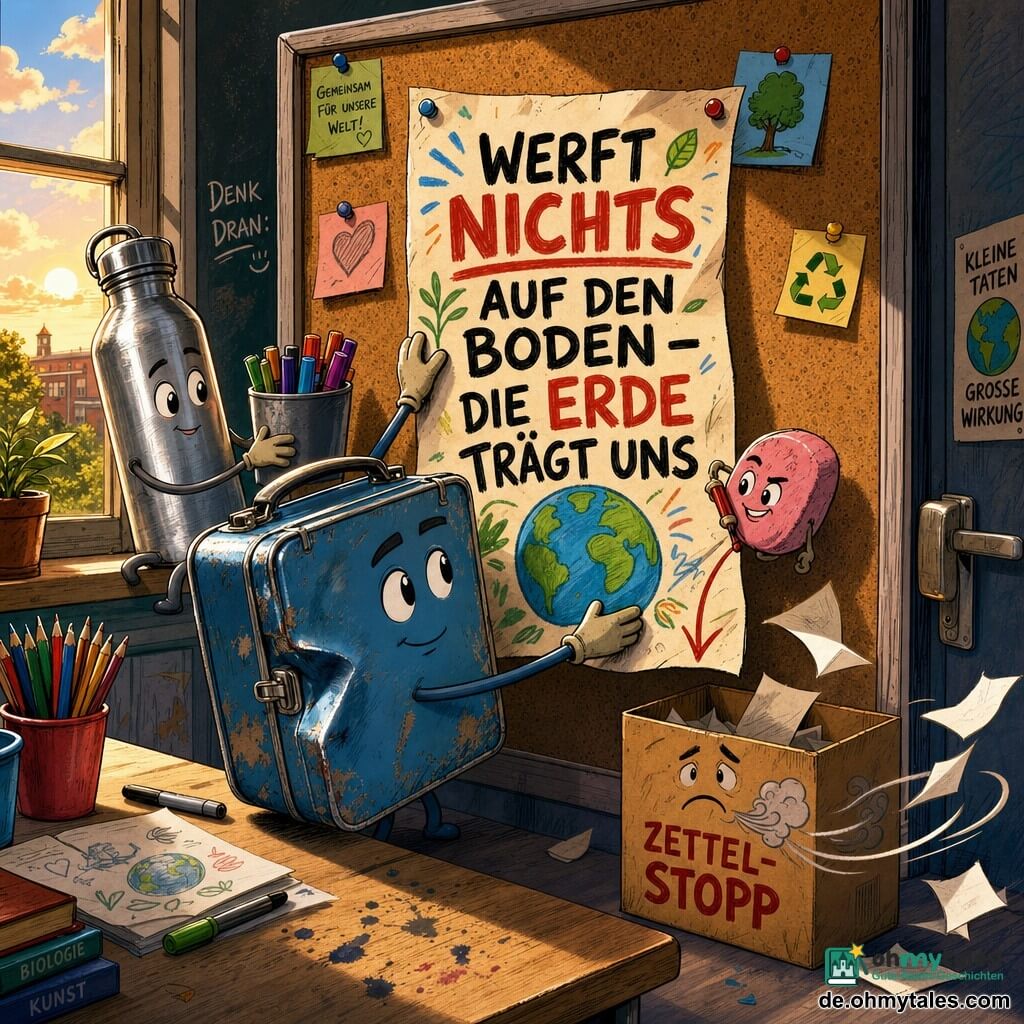 Eine anthropomorphe Metalldose als Hauptfigur, klein mit Beule links und klapperndem Deckel, entschlossener, sanfter Ausdruck und leicht abgeblätterter Lack, hält ein großes buntes Poster mit fetten schwarzen und roten Buchstaben; eine schlanke Aluminiumtrinkflasche als Nebenfigur, glänzende Oberfläche mit Kratzern und wohlwollendem Blick, auf dem Fensterbrett hinter der Dose, hält einen Becher Filzstifte; ein kleiner rosafarbener Radiergummi, rund, lebhaft und mit abgenutzten Rändern, freches Lächeln, sitzt am Rand des Posters und zeichnet einen Pfeil zu einer Pappschachtel; eine hellbraune Pappschachtel mit der Aufschrift ZETTEL-STOPP und einer traurigen Windzeichnung steht am Boden bei der Tür; Klassenraum am späten Nachmittag mit warmem Licht durchs große Fenster, heller Holztisch mit Tintenklecksen, staubige Tafel, bunte Stiftebehälter, Blätter und eine Reißzwecke hält das Poster an einer Pinnwand; Hauptszene: die Brotzeitdose hängt das Poster leicht schief auf die Pinnwand, die Freunde helfen ums sie herum, ruhige, ernste Atmosphäre, klare lesbare Komposition mit gesättigten Farben, sauberen Linien und sanften Schatten, leichte Vogelperspektive, Postertext gut lesbar: WERFT NICHTS AUF DEN BODEN – DIE ERDE TRÄGT UNS