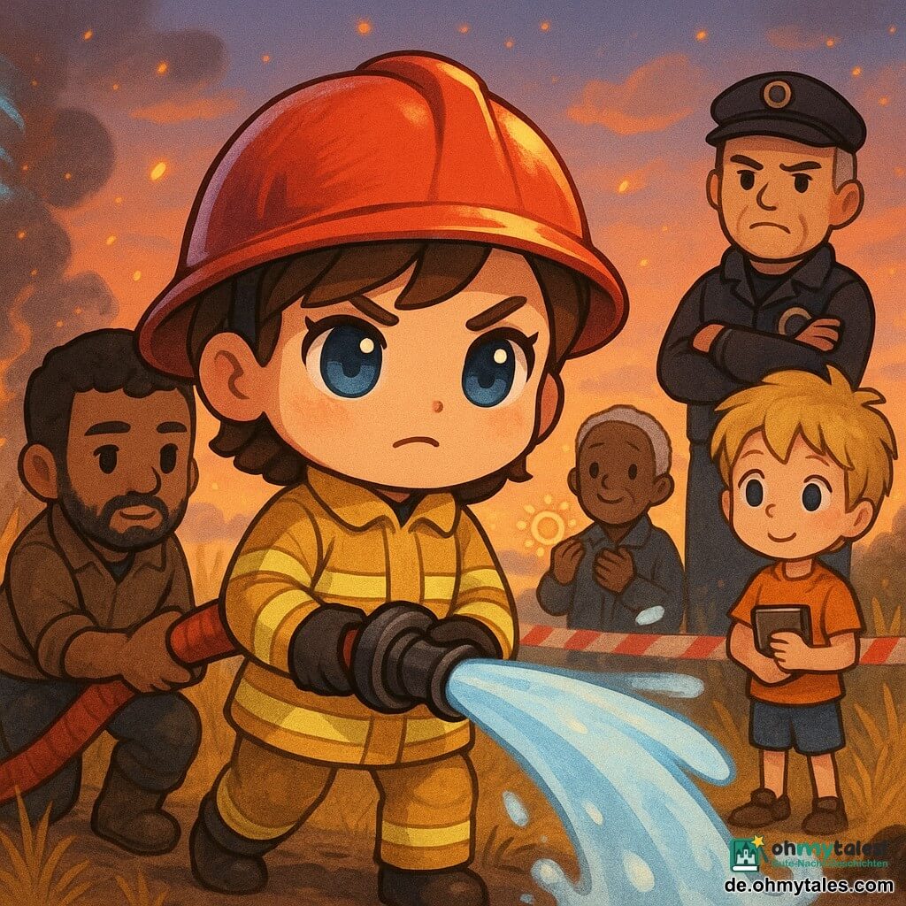 Eine entschlossene, aber ruhige Feuerwehrfrau mit kurzen braunen Haaren, roten Helm schief auf dem Kopf, gelber Schutzjacke mit reflektierenden Streifen, die einen dicken Feuerwehrschlauch hält, aus dem ein breiter, leuchtend blauer Wasserstrahl sprüht; links hilft Mehmet (etwa 30–35, kurze Bartstoppeln, konzentriert) den Schlauch zu halten, rechts auf einem Damm steht der etwa 9-jährige Timo mit zerzausten blonden Haaren und einem kleinen Buch, hinter ihnen beobachtet Teamleiter Holger (etwa 45) mit verschränkten Armen und ernster, beruhigender Miene, ein älterer Zuschauer steht zurückgesetzt mit der Hand auf der Brust und hält eine Sonnenlinse; Szenerie: Feld mit hohen goldenen Gräsern, teils schwarz und rauchend, Sonnenuntergangshimmel in Orange und Violett, schwebende Funken wie Glühwürmchen, rot-weißes Absperrband, dampfender Wasserbogen und ruhige, entschlossene Stimmung im chibi-kawaii-Stil mit runden Merkmalen und lebhaften, sanften Kontrasten.