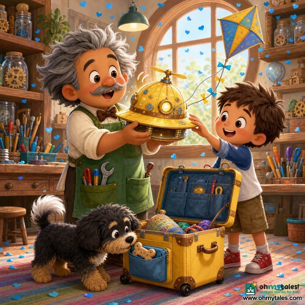 A smiling, wide-eyed inventor with a round face, thin mustache and messy gray hair wears a green apron with large pockets and holds a gleaming yellow mechanical hat that vibrates and emits a soft glow; a curious seven-year-old boy with short brown hair stands to his right, reaching to touch the hat and smiling, while a small fluffy dog with a plumed tail sniffs the open yellow rolling Carry-All Chuckle suitcase near a biscuit pocket. They are in a sunny workshop with wooden shelves, jars of gears, a wooden workbench with colorful tools, a large round window, a striped rug and scattered blue heart confetti; the hat has a tethered kitestring floating slightly. Style: bright pastel colors, soft textures and contours, exaggerated cute expressions, centered, upbeat composition.