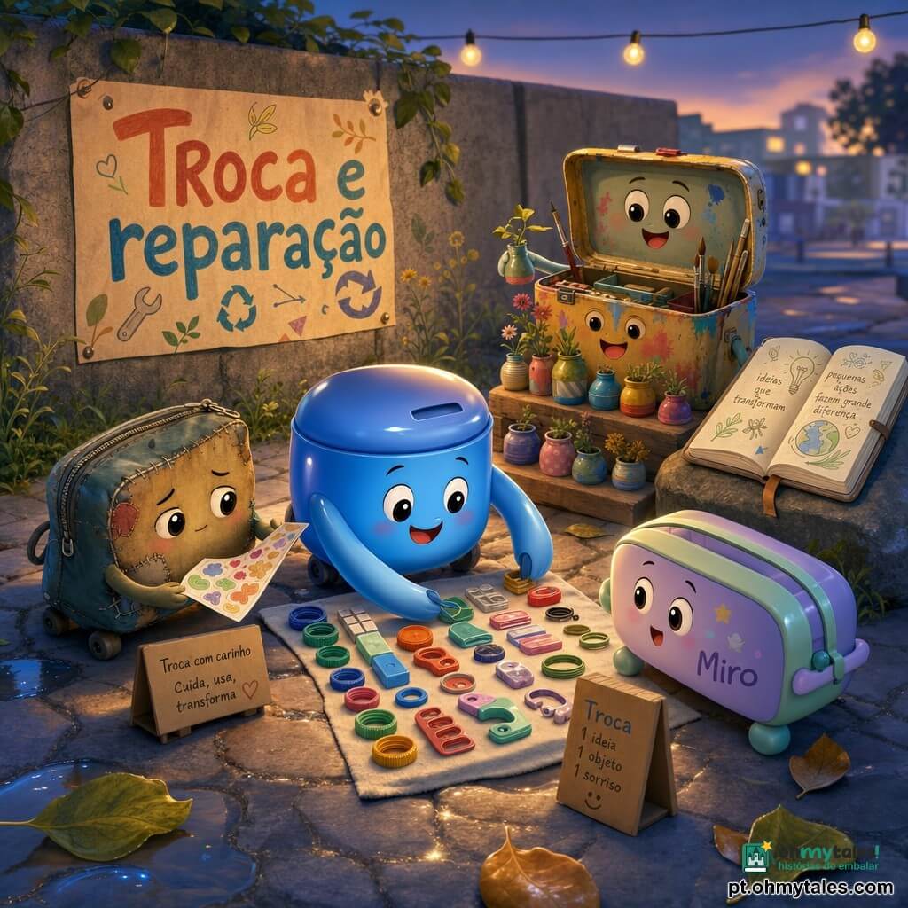 Pequeno contentor azul brilhante (personagem principal), expressão alegre, superfície lisa, inclinado organizando objetos em fileiras coloridas no passeio; estojo de lápis antigo remendado, tecido gasto, tímido depois tranquilo, rola oferecendo autocolantes; estojo novo chamado Miro, plástico mate em tons pastéis, curioso junto a um pequeno painel de troca pronto para receber um objeto; velha caixa de tintas com manchas e pincéis, entusiasmada, dispõe mini‑vasos feitos de tampas ao fundo; caderno aberto com desenhos sobre uma pedra, folhas a esvoaçar; passeio escolar ao fim da tarde, calçada irregular, folhas húmidas, cartaz colorido pregado no muro com escrito Troca e Reparo, guirlanda de luzes, ambiente doce e acolhedor; cena principal: oficina de troca e reparação ao ar livre com objetos reutilizados expostos, gestos de partilha, atmosfera serena e esperançosa, composição centrada no contentor azul; paleta: azuis suaves, verdes folha, toques de ocre e rosa; estilo: formas simples, degradés suaves, texturas táteis leves, visual convidativo para crianças.