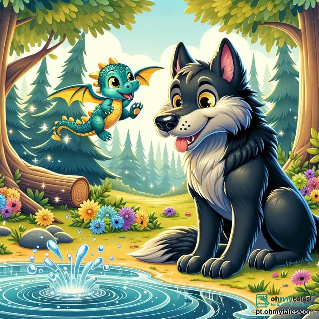 Em uma floresta encantada, um grande lobo de pelagem negra e brilhante, com olhos amarelos cheios de curiosidade, está à beira de um lago cintilante. Ele exibe um sorriso tímido, pronto para fazer amigos, enquanto bolhas de água espirram ao seu redor. Ao seu lado, um pequeno dragão com escamas brilhantes como estrelas, olhos grandes e um sorriso encorajador, voa alegremente acima do lobo, pronto para incentivá-lo. O cenário é uma floresta luxuriante, com árvores de troncos grossos e folhas verdes vibrantes, flores coloridas espalhadas pelo chão e um lago de reflexos cristalinos que captura a luz do sol. A cena mostra o lobo e o dragão brincando juntos à beira do lago, o lobo espirrando água com suas patas enquanto ri, enquanto o dragão voa alegremente ao seu redor, ilustrando sua nova amizade e a magia da floresta.