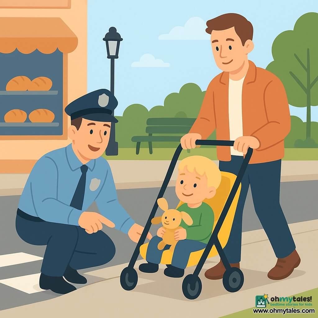 A friendly smiling police officer with fair skin and short brown hair in a light-blue uniform is crouched beside a yellow stroller, pointing to a beige ramp; the relieved father in a pale orange jacket walks slowly to the right pushing the stroller, and a blond toddler in a green sweater clutching a bunny toy smiles at the officer; the calm city street has smooth cobbles, a white crosswalk, a bakery on the left, a lamppost and a green bench, and the officer is guiding the family toward a park in soft, sunny morning light.