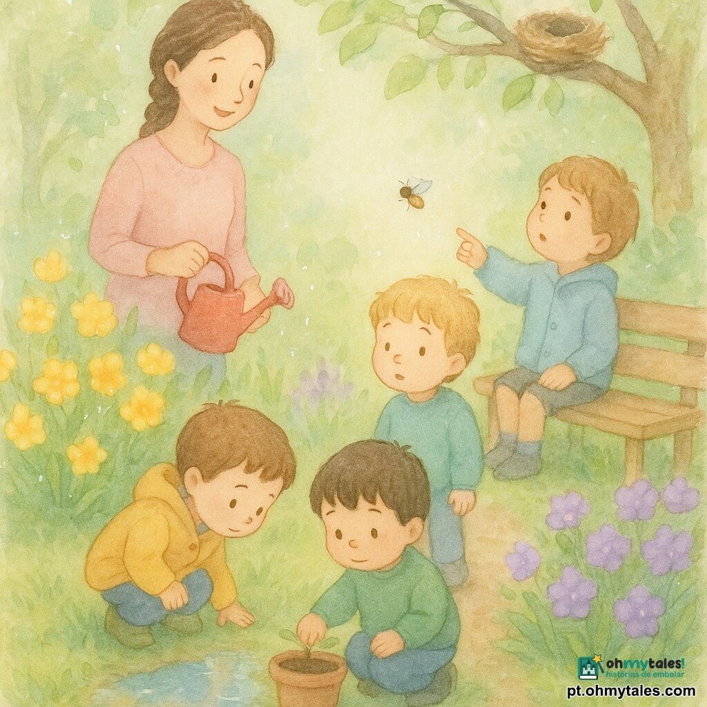 Há 5 personagens: Tomás, 3 anos, cabelo castanho curto, casaco amarelo, agachado à esquerda do banco olhando o reflexo numa pequena poça; Leo, 3 anos, cabelo loiro encaracolado, jaqueta azul-claro, à direita do banco apontando uma abelha sobre as flores; Davi, 3 anos, cabelo preto liso, suéter verde, no centro tocando a terra húmida de uma planta em vaso; Nuno, 3 anos, cabelo castanho, moletom cinza, sentado no banco olhando um ninho numa rama baixa; Ana, educadora de ~30 anos, cabelos trançados, bata rosa-pálido, atrás das crianças com um regador vermelho e sorriso. Local: pequeno jardim de primavera com relva verde e húmida, banco de madeira claro à direita, flores amarelas e roxas, rama com ninho ao fundo, poça refletindo o céu azul em primeiro plano, luz suave da manhã. Situação: as crianças regam e exploram o jardim calmamente; gotas de água caem, uma abelha visita as flores, atmosfera serena em cores pastel e textura de aquarela.