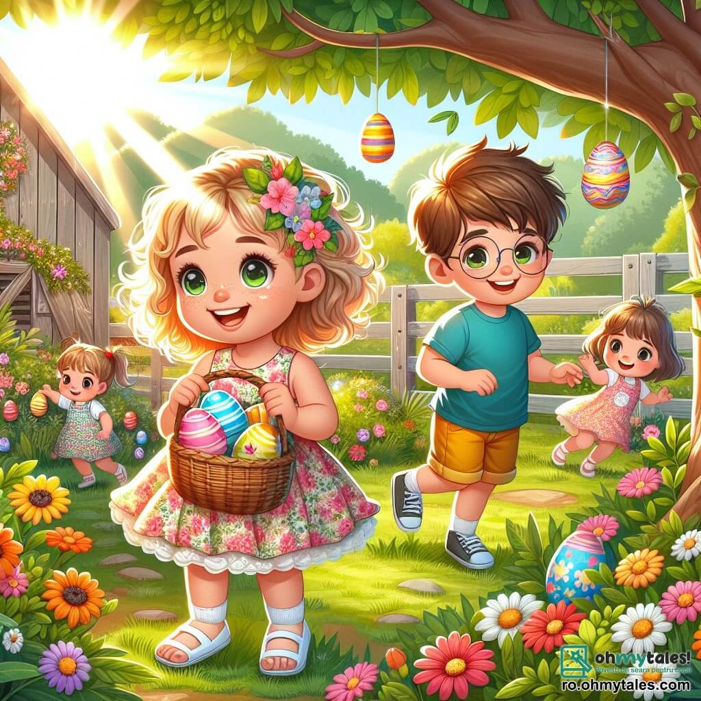 O fetiță de 2 ani, cu ochi mari și strălucitori și păr blond creț, zâmbește fericită ținând un coș de nuiele plin cu ouă colorate. Poartă o rochie roz cu flori și sandale albe, fiind așezată într-o frumoasă fâneață, înconjurată de flori multicolore. Lângă ea se află un băiat de 4 ani, cu păr brun și ochelari rotunzi, care caută un ou ascuns în spatele unui copac. Este îmbrăcat cu un tricou albastru și pantaloni scurți galbeni, având un aer concentrat și entuziast. Un alt copil, o fetiță de 3 ani cu păr castaniu și o mică împletitură, stă pe vârfuri pentru a ajunge la un ou suspendat de o ramură, având un zâmbet uimit pe față. Locul este o fâneață însorită, plină de flori strălucitoare și verdeață, cu raze de soare filtrându-se prin frunzele copacilor. Ouă colorate de Paște sunt ascunse peste tot în fâneață, creând o atmosferă festivă și veselă. Situația principală arată fetița și prietenii ei în plină vânătoare de ouă de Paște, râzând și distrându-se, căutând comorile ascunse în natură.