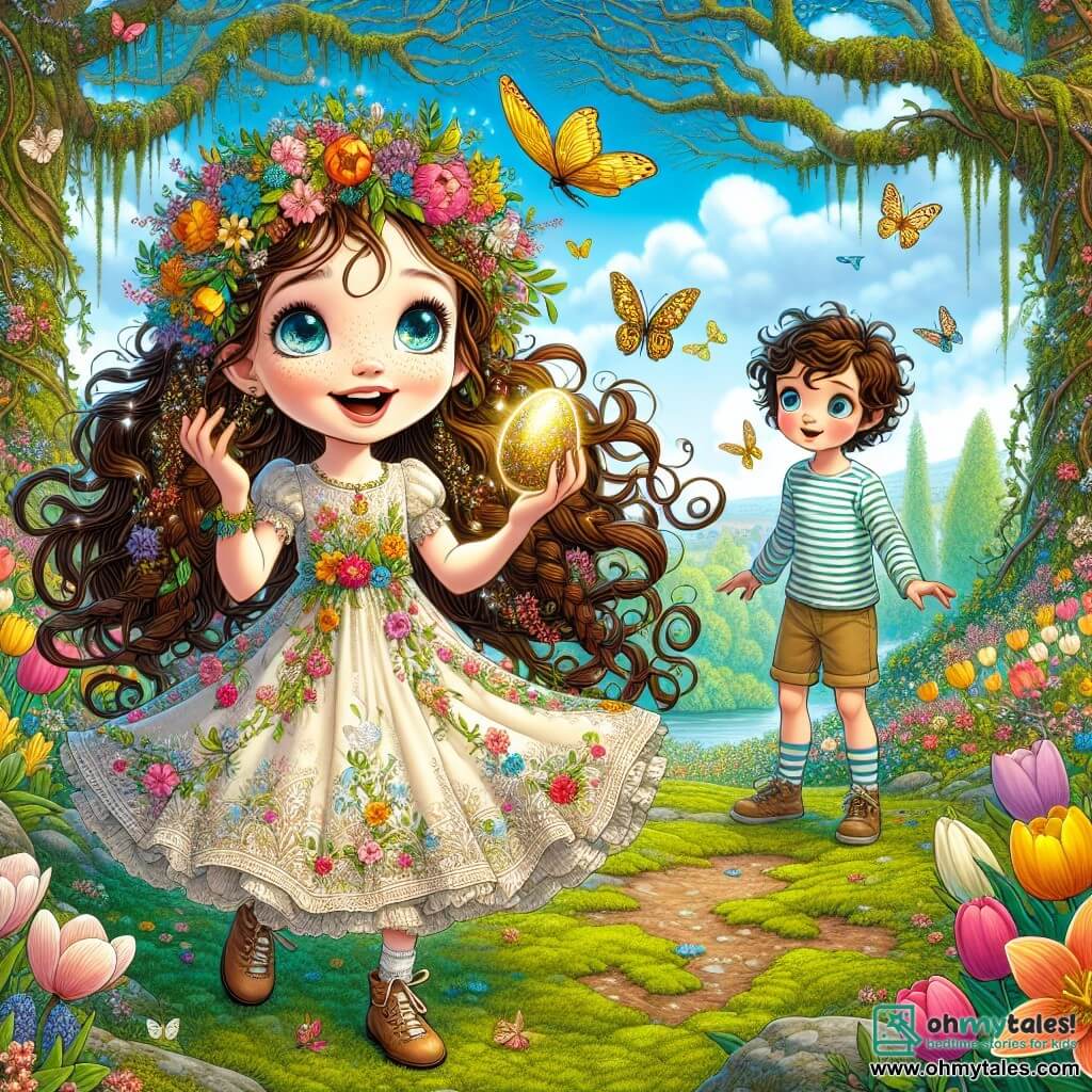 A 10-year-old girl named Lily stands in the center of an enchanted garden, her eyes shining with excitement and curiosity. She has long brown hair, braided with colorful flowers, and wears a light dress with butterfly patterns. She holds a sparkling golden egg in her hands, her face beaming with joy. Next to her, her 7-year-old brother Max watches in wonder. He has curly hair and wears a striped t-shirt and shorts. He leans forward, wide-eyed, as if ready to leap with joy. The garden is filled with vibrant flowers, tulips, and daffodils under a clear blue sky dotted with fluffy clouds. Majestic trees with intertwined branches create dancing shadows on the moss-covered ground, and tiny sparkling fairies fly around, adding a touch of magic to the scene. Lily and Max are at the heart of this adventure, discovering the hidden treasure in the garden as the fairies surround them, celebrating the magic of Easter.