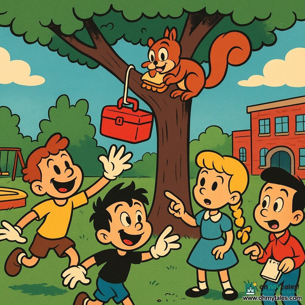 A mischievous 10-year-old boy, Tommy, with tousled brown hair and laughing eyes, reaches for a red lunchbox hanging in a tree; Lily, a focused 10-year-old girl with braided blonde hair, points from the ground beside him giving instructions; Sam, an enthusiastic redheaded 10-year-old, jumps on the grass laughing to Tommy’s left; Max, a surprised amused 10-year-old with black hair, points to a trail of crumbs on the ground to the right while holding a small detective notebook; a cheeky red squirrel perches on a branch nibbling a sandwich near the hanging box; setting: schoolyard with a large central tree, red brick building behind, sandbox and swings blurred in the background, green lawn and blue sky with a few round clouds; main scene: friends laugh and cooperate to retrieve the lunchbox from the tree in a dynamic, rubber-hose style with exaggerated expressions, curved gestures, bold outlines, simple shapes and bright contrasting colors.