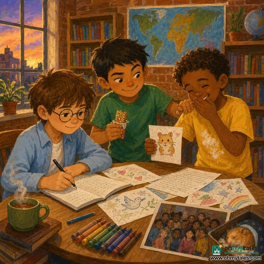 Three boys—Eli (about 10, fair, messy brown hair, round glasses, light blue shirt) sits at a wooden table writing gently in a notebook with a black pen; Max (9–10, olive skin, short dark hair, mischievous smile, green t‑shirt) stands slightly bent, holding a partially opened cereal bar, looking at Eli and pressing Jonas’s shoulder; Jonas (nearly 10, tan, curly hair, flour spot on a yellow t‑shirt) laughs covering his mouth while showing a small paper with a hamster drawing—they are in a sunlit school library with warm brick walls, wooden shelves of colorful books, a round light wood table scattered with papers, pencils, a steaming cup on a low shelf and a world poster on the wall, writing a calm, intimate letter of support to children in a war, small drawings and a class photo with a sleeping hamster nearby, warm gouache‑like colors, contrasting strokes and golden light suggesting hope despite the serious subject.