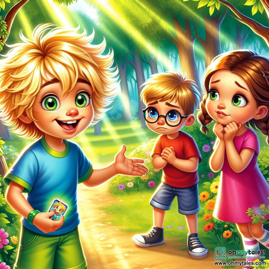 An 8-year-old boy named Leo, with messy blonde hair and sparkling curious eyes, stands at the center of the scene. He is wearing a bright blue t-shirt and green shorts, displaying a big smile as he looks at a group of children. Leo is reaching out to suggest a game, his face radiating enthusiasm and kindness. To his right, a 7-year-old girl with braided brown hair, wearing a pink dress, watches Leo with an admiring gaze, holding a toy in her hands, hesitant to share it. To his left, a 6-year-old boy with glasses and brown hair, dressed in a red t-shirt, furrows his brow, clearly frustrated by the situation. The scene takes place in a sunny clearing in the heart of an enchanted forest, where tall trees with shiny green leaves create a magical backdrop. Colorful flowers dot the ground, and sunlight filters through the branches, casting bright patterns on the grass. With his warm smile, Leo suggests sharing the toy to play together, illustrating the theme of kindness and fairness. The other children, initially disagreeing, begin to relax and smile, ready to have fun together.