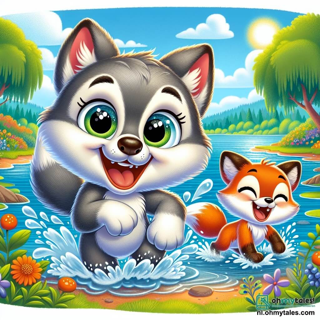 Een jonge blije wolf, genaamd Wolfje, met een grijze vacht en sprankelende ogen, springt in een meer in de volle zomer, terwijl hij water om zich heen spettert. Naast hem lacht zijn vriend Timo, een kleine oranje vos met een pluizige staart, met zijn pootjes in het water, klaar om ook te duiken. Op de achtergrond ontvouwt zich een prachtig zomers landschap: weelderige groene bomen, een stralende blauwe lucht en kleurrijke bloemen langs de oever. De scène vangt de opwinding en vreugde van de zomer, terwijl Wolfje en Timo samen plezier maken in het frisse water, omringd door de schoonheid van de natuur.