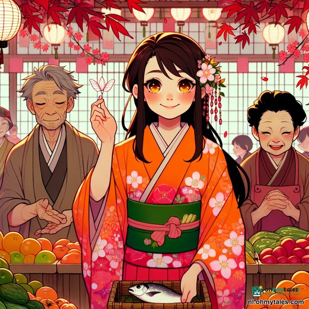 In het midden van de afbeelding staat Akiko, een jonge vrouw van ongeveer 20 jaar, in een feloranje kimono versierd met kersenbloesemmotieven. Haar gezicht straalt zachtheid en vastberadenheid uit, met fonkelende ogen. Ze houdt een witte veer in haar hand, een symbool van vrede, en glimlacht warm. Aan haar rechterkant staat een man van een vijftigtal jaren, de visverkoper, met een rimpelig gezicht en grijs haar. Hij draagt een schort en kijkt nieuwsgierig naar Akiko terwijl hij een verse vis vasthoudt. Aan haar linkerkant staat een vrouw van een veertigtal jaren, de groenteverkoper, met zwart haar en rimpels. Ze glimlacht met haar armen vol kleurrijke groenten en lijkt klaar om naar Akiko te luisteren. De achtergrond toont een levendige markt met houten kraampjes vol stralend fruit en groenten, papieren lantaarns die boven hangen, en rode esdoornbladeren die zachtjes van de omringende bomen vallen. De scène toont Akiko die de witte veer naar de visverkoper en de groenteverkoper uitsteekt, in een poging om de spanningen tussen hen te verlichten. De gezichten van de personages stralen hoop en nieuwsgierigheid uit, terwijl de sfeer warm en vol opkomende kameraadschap is.